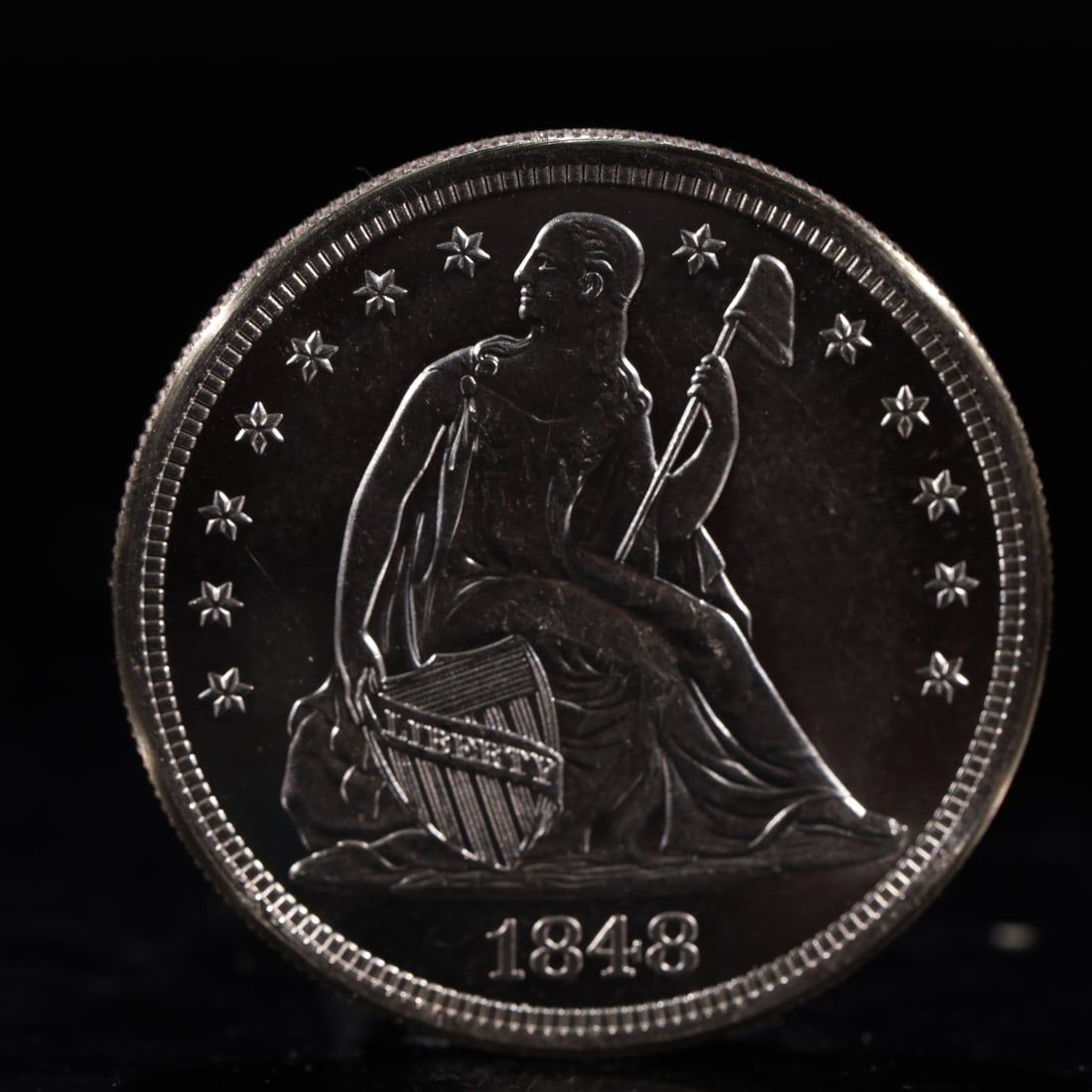 USA One Dollar 1848 Coin: American coin. IN GOD WE TRUST / LIBERTY / 1848 / UNITED STATES OF AMERICA / ONE DOL. Weight:26.9g.