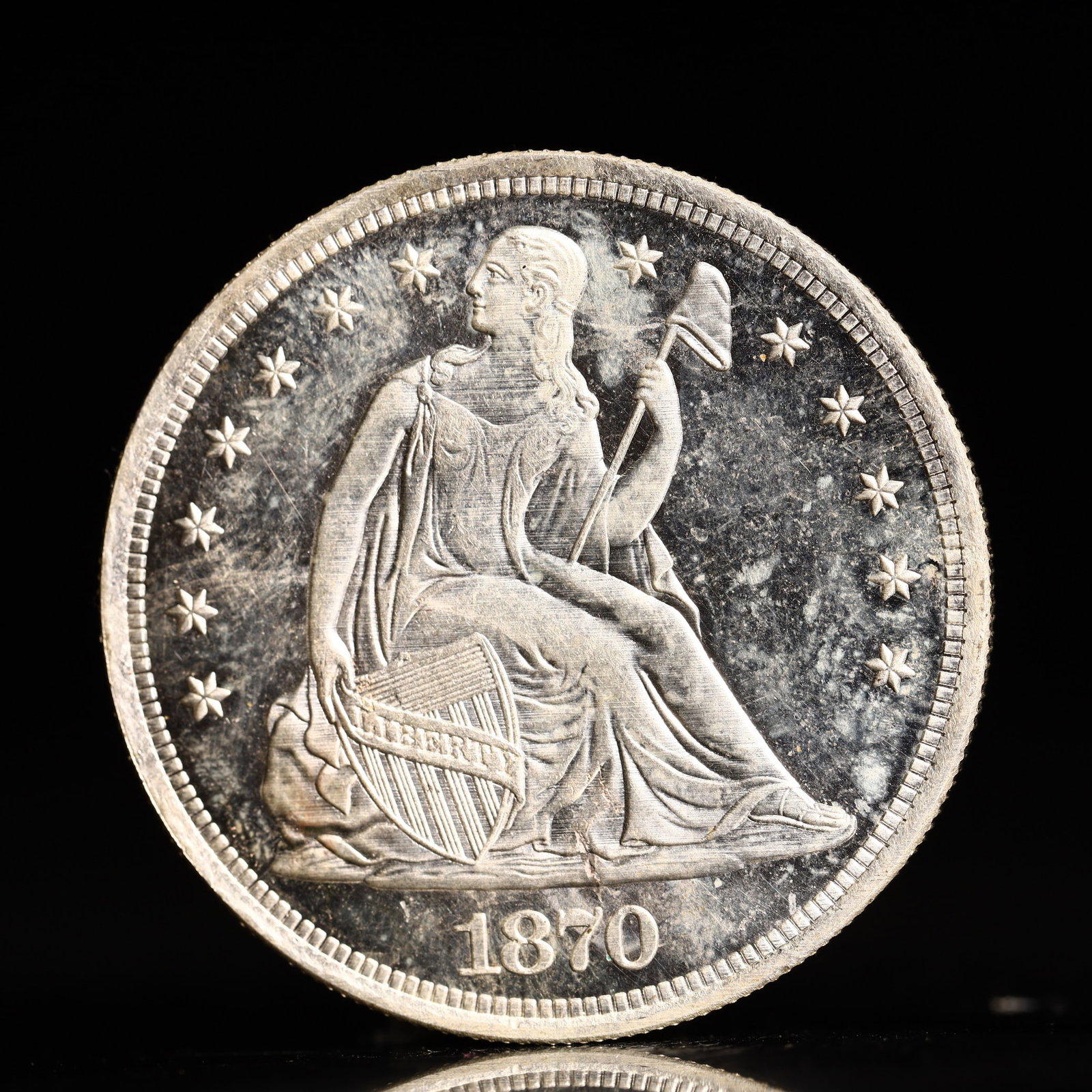 USA One Dollar 1870 Coin: American coin. IN GOD WE TRUST / LIBERTY / 1870 / UNITED STATES OF AMERICA / ONE DOL. Mint mark: CC. Weight:26.9g.