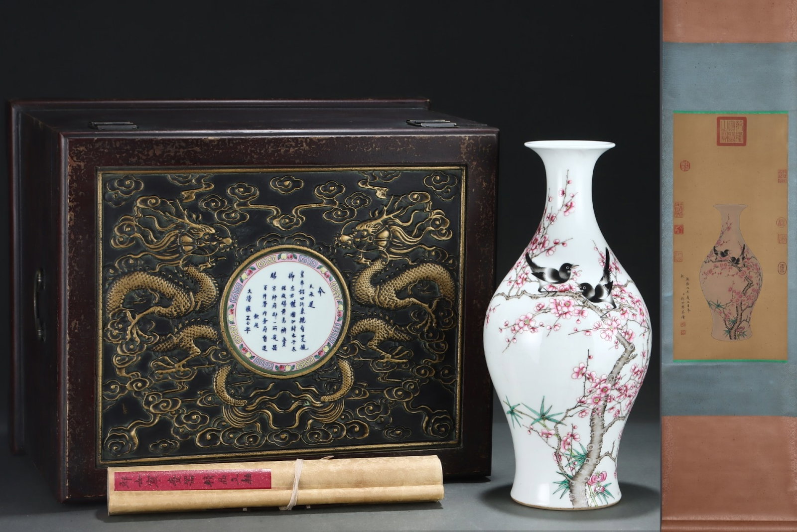 A Huge Famille-Rose Flower and Bird Pattern Vase,with Chinese Vertical Scroll Ink Painting on Silk: A Huge Famille-Rose Flower and Bird Pattern Vase,with Chinese Vertical Scroll Ink Painting on Silk,Qing Dynasty,China,Yongzheng Six-character Mark,Size:(Without frame)25.2inx11.8in,(Porcelain)15.7inx7