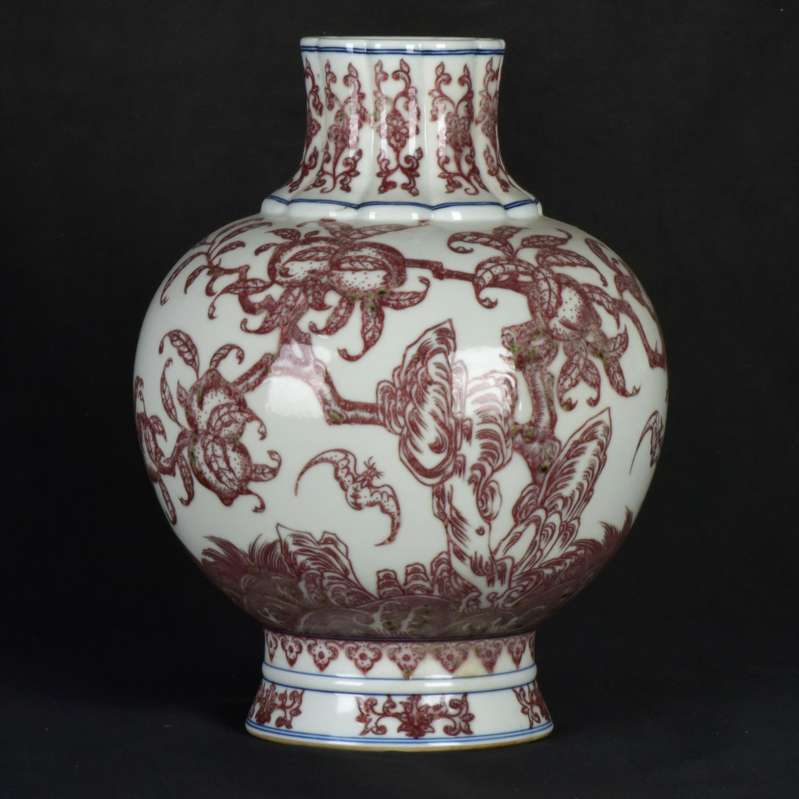 An Exquisite Underglaze-Red Bats and Peach Pattern Vase: An Exquisite Underglaze-Red Bats and Peach Pattern Vase,Qing Dynasty,China,Yongzheng Six-Character Mark,Size:9.8inx7.5in 釉里红蝙蝠桃子纹瓶,ߑ