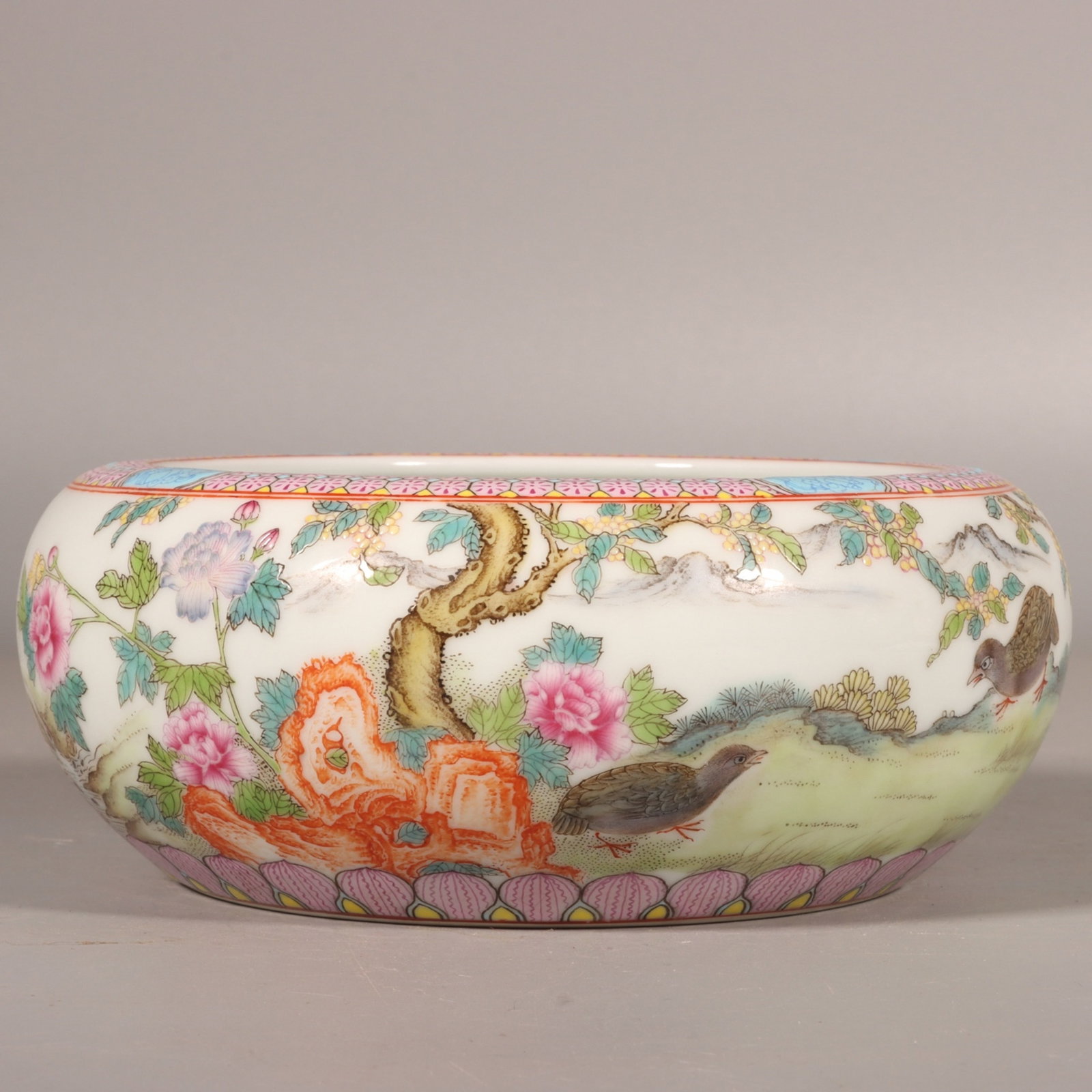 An Exquisite Famille-Rose Flower and Bird Pattern Brush Washer,with poem: An Exquisite Famille-Rose Flower and Bird Pattern Brush Washer,with poem,Qing Dynasty,China,Yongzheng Four-character Mark,Size:2.2inx4.3in 粉彩花鸟纹笔洗,