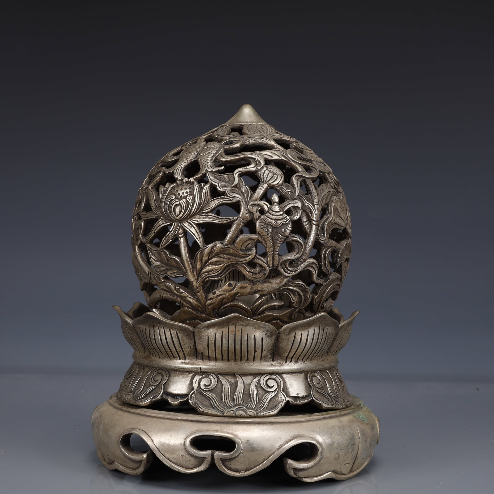 An Exquisite Silver-Plated Bronze Eight Treasures Pattern Censer: An Exquisite Silver-Plated Bronze Eight Treasures Pattern Censer,The Republic of China,Size:6.3inx6.3inx8.7in,Weight:2100g 铜镀银八宝纹香炉,中