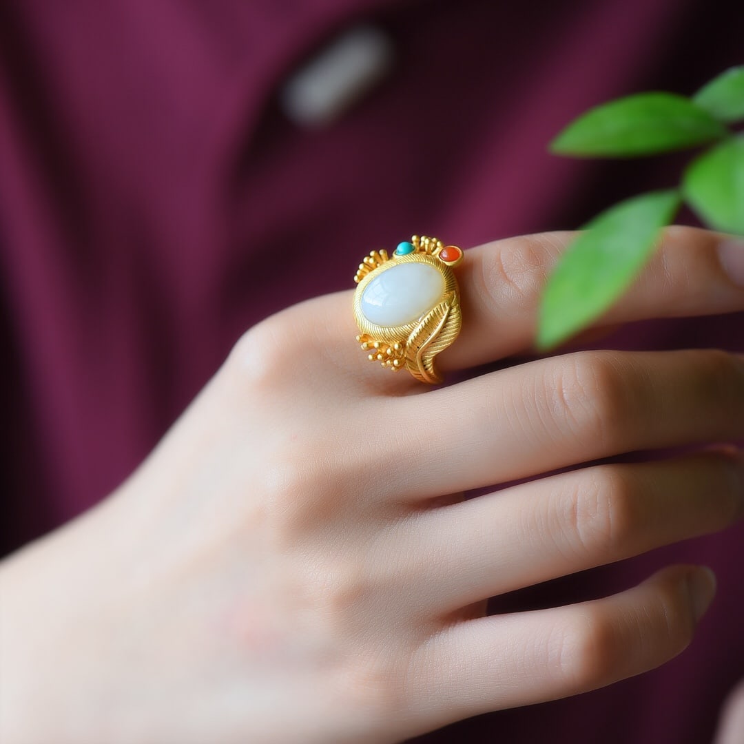 An Exquisite Sterling Silver-Gold Plated Inlaid White Jade Ring: An Exquisite Sterling Silver-Gold Plated Inlaid White Jade Ring,Size:10mmx14mm 纯银镀金镶白玉戒指