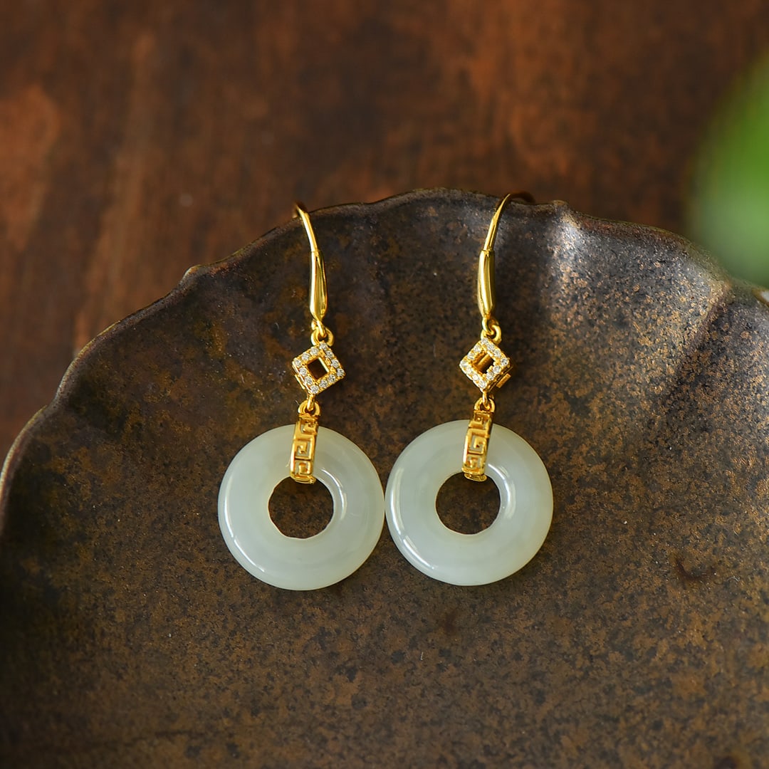 A Pair of Exquisite Sterling Silver-Gold Plated Inlaid White Jade Earrings,Inlaid Diamond: A Pair of Exquisite Sterling Silver-Gold Plated Inlaid White Jade Earrings,Inlaid Diamond,Size:15mmx37mm
