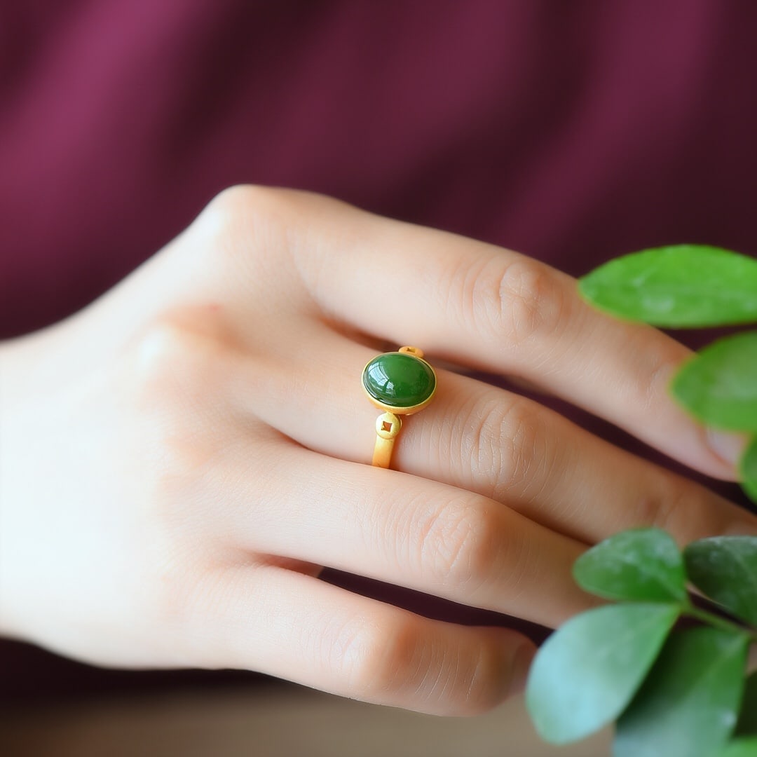An Exquisite Sterling Silver-Gold Plated Inlaid Jasper Ring: An Exquisite Sterling Silver-Gold Plated Inlaid Jasper Ring,Size:8mmx10mm 纯银镀金镶碧玉戒指
