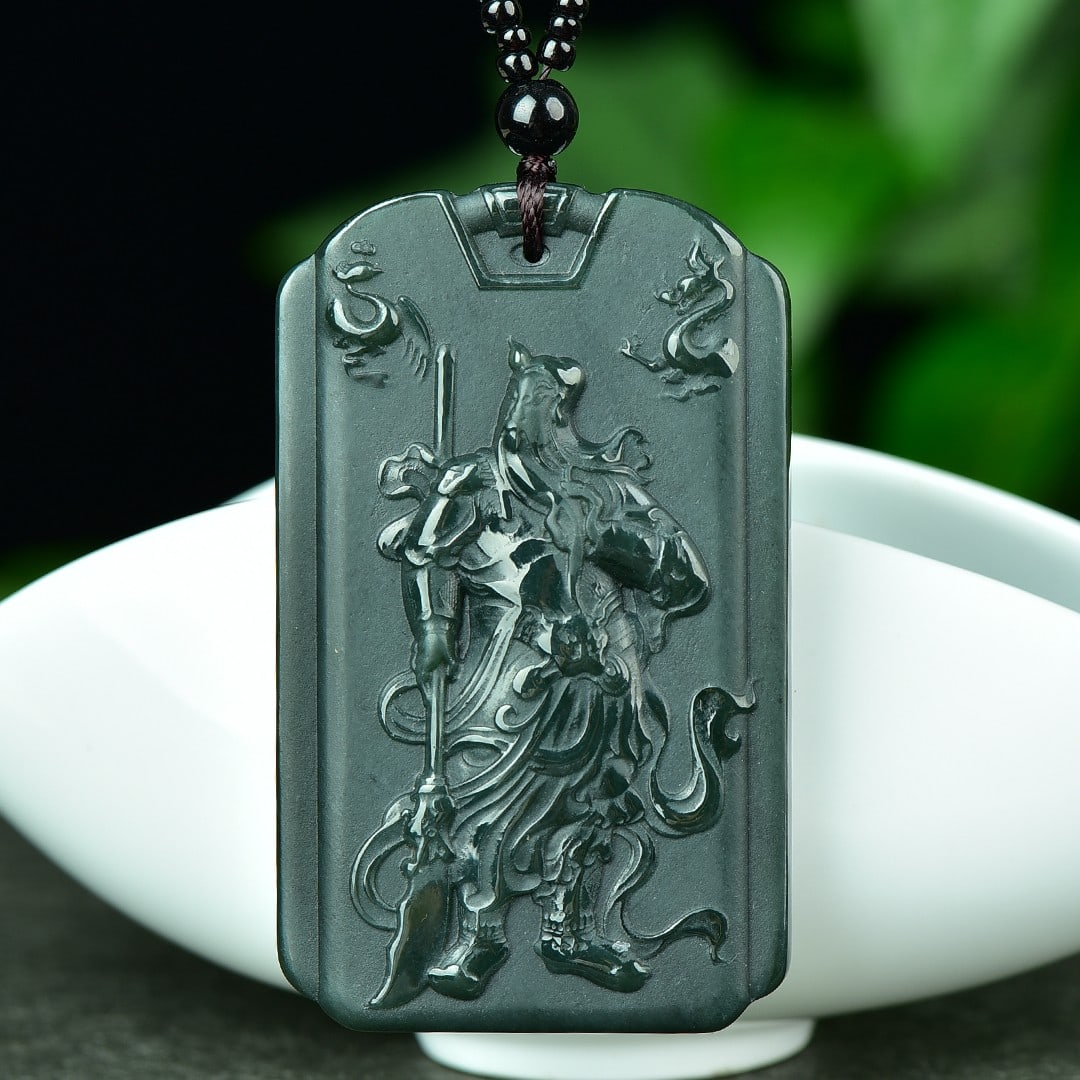 An Exquisite Sapphire Guangong Pattern Pendant,With Poem: An Exquisite Sapphire Guangong Pattern Pendant,With Poem,Size:39mmx65mm 寓意:寓意吉祥 招财纳福 青玉关公像ń