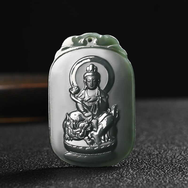 An Exquisite Cyan jade Statue of Manjusri Pendant: An Exquisite Cyan jade Statue of Manjusri Pendant,Size:54mmx35mmx8mm 青玉文殊菩萨像挂件