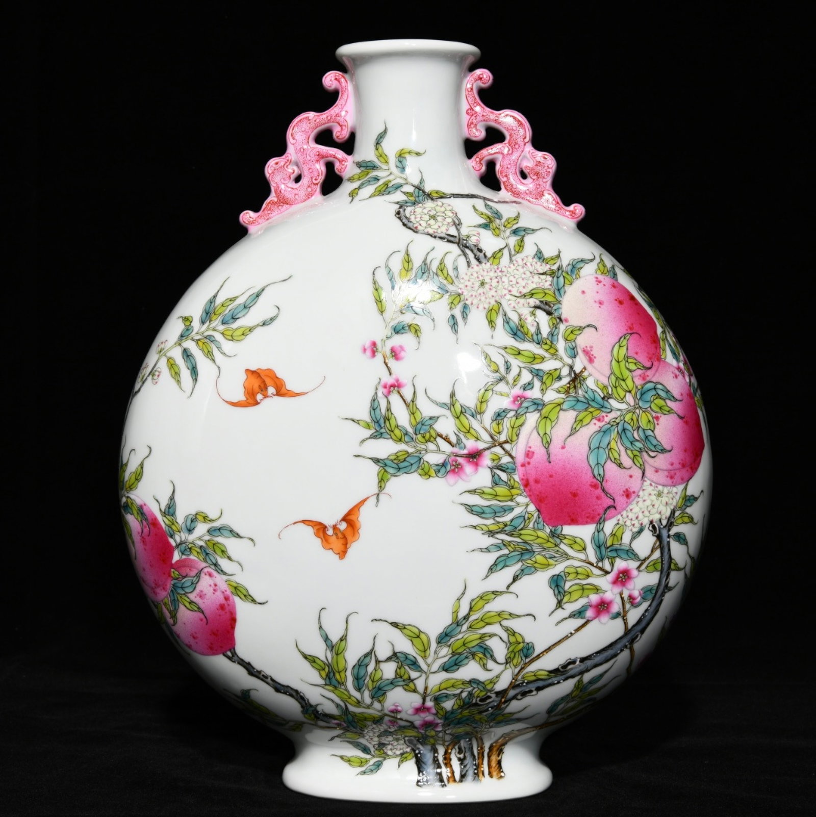 A Rare Famille-Rose Bats and Peach Pattern Double-Ears Vase: A Rare Famille-Rose Bats and Peach Pattern Double-Ears Vase,Qing Dynasty,China,Qianlong Six-character Mark,Size:12.6inx9.6in 粉彩福寿纹双耳瓶,中&#