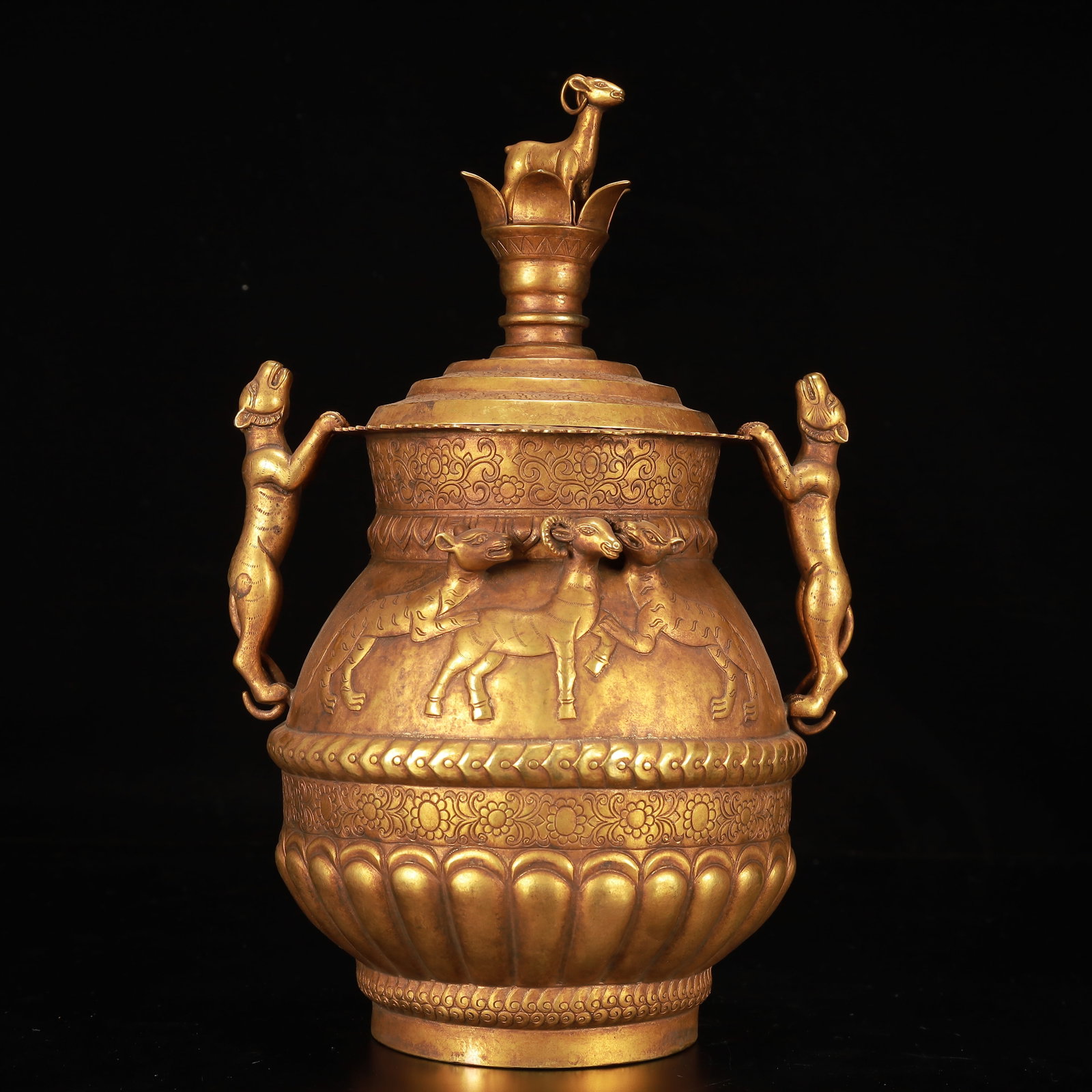A Rare Gilt Bronze Auspicious Beast Pattern Double-Ears Jar with Cover: A Rare Gilt Bronze Auspicious Beast Pattern Double-Ears Jar with Cover,Qing Dynasty, China,Size:7.9inx7.1inx11.8in,Weight:2050g 铜鎏金瑞兽纹双耳盖