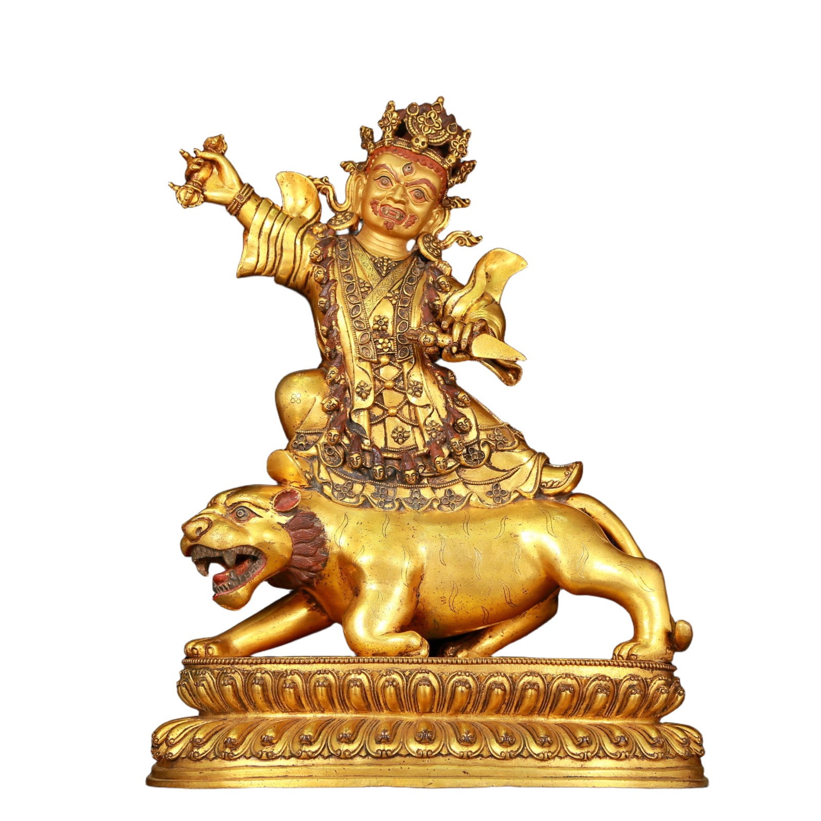 A huge gilt bronze statue of the Mammon riding a lion: A huge gilt bronze statue of the Mammon riding a lion, with an inscription, China's Ming Dynasty. The Buddha's face is solemn and kind, with deep eyes, symbolizing wealth and fortune. Its appearance i