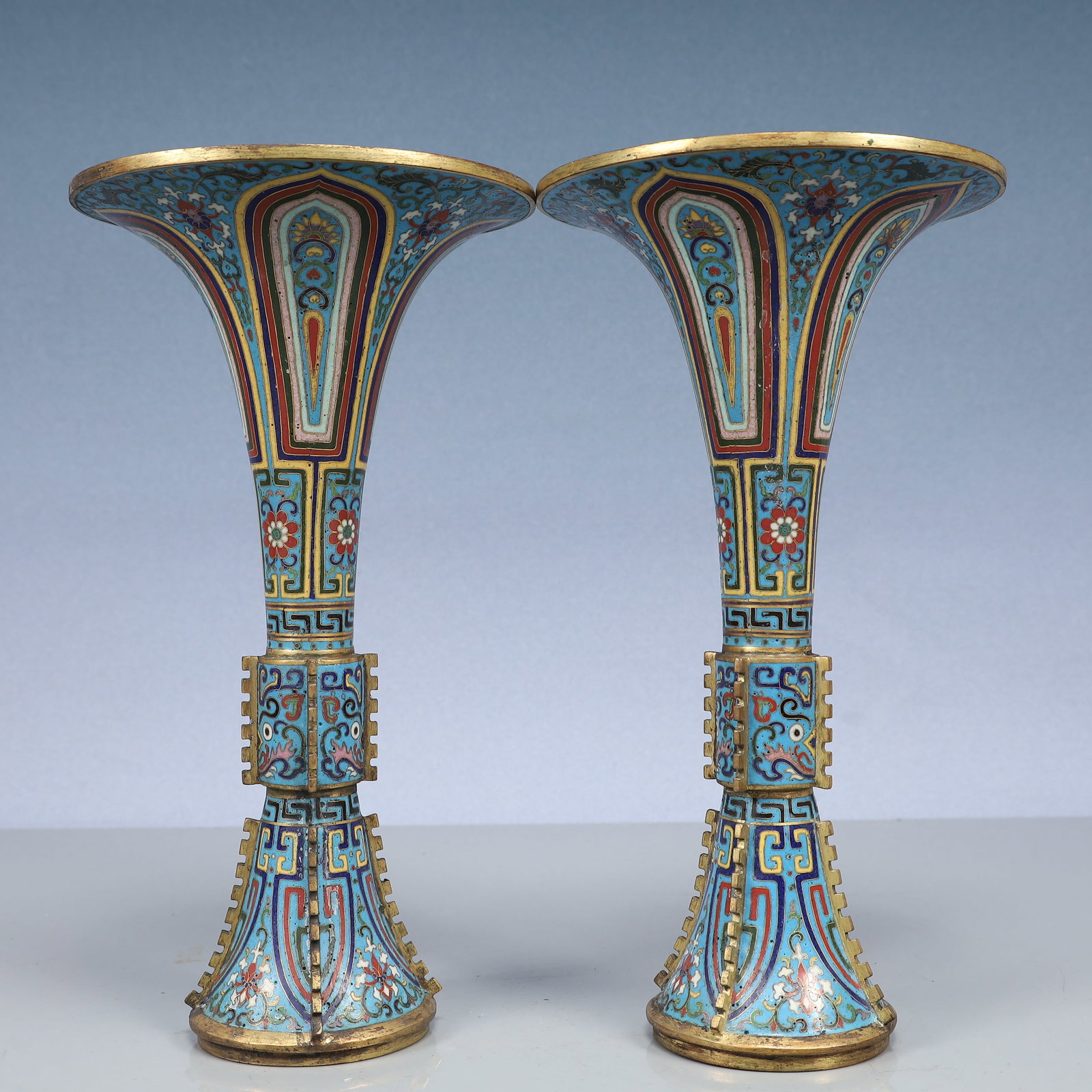 A Pair of Rare Cloisonne Lotus Pattern Vases: A Pair of Rare Cloisonne Lotus Pattern Vases,Qing Dynasty, China,Qianlong Four-character Mark,Size:12.2inx3.5inx6.3in,Weight:3300g
