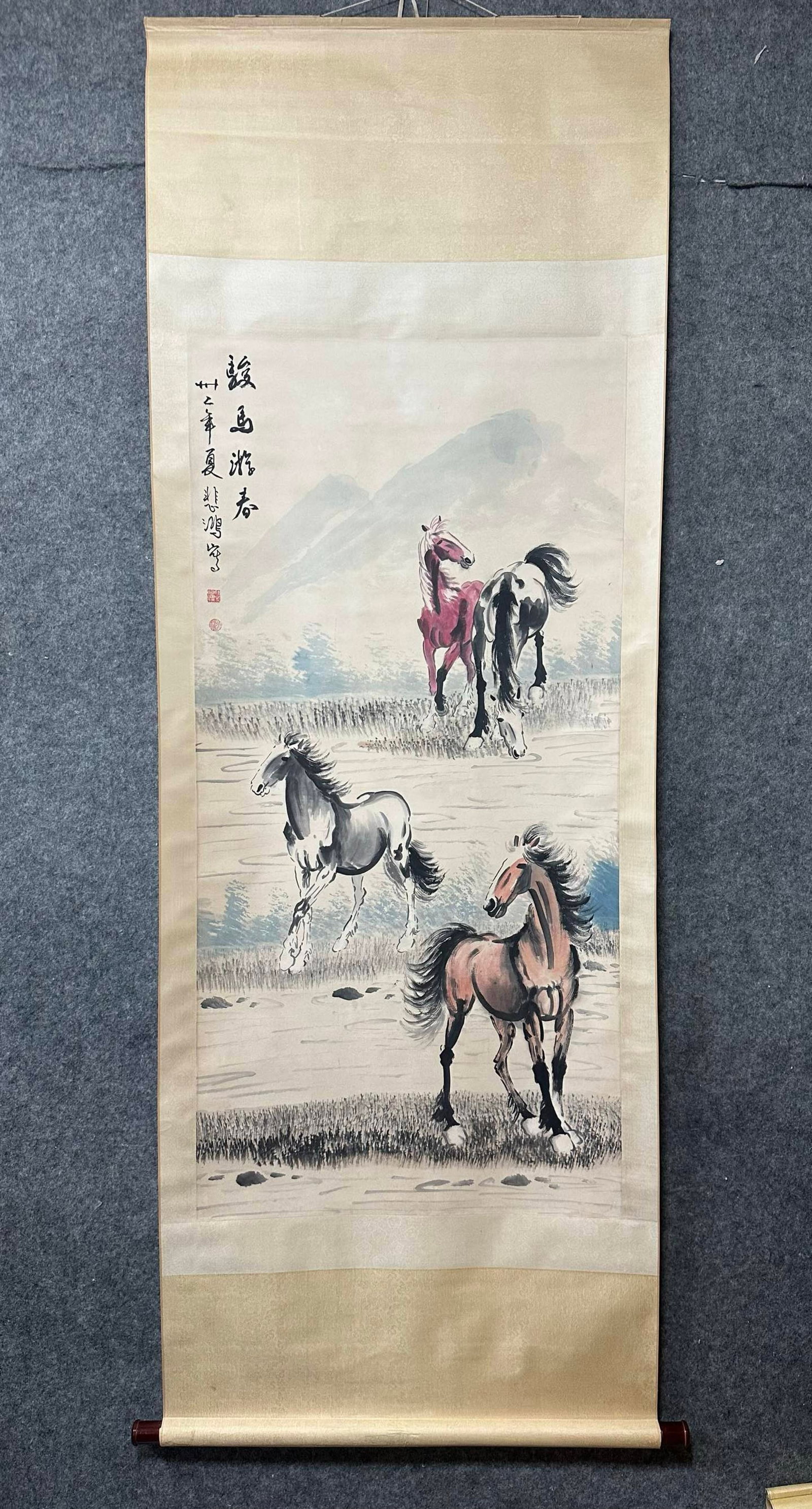 A Chinese Vertical Scroll Ink Painting of Horse on Paper: A Chinese Vertical Scroll Ink Painting of Horse on Paper,Xu Beihong,Size:26.4inx53.9in 一幅中国水墨骏马画立轴,徐悲鸿