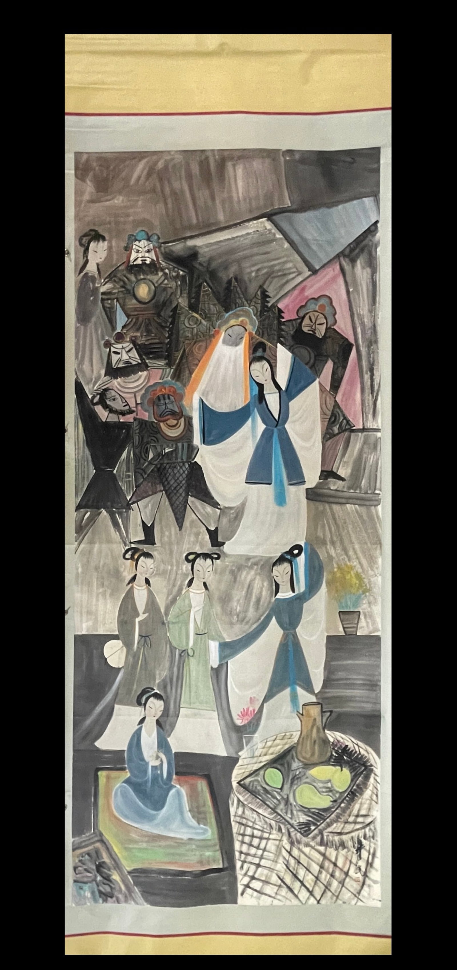 A Chinese Vertical Scroll Ink Painting of Figure and Story on Paper: A Chinese Vertical Scroll Ink Painting of Figure and Story on Paper,Lin Fengmian,Size:55.1inx141.7in 一幅中国水墨人物故事画立