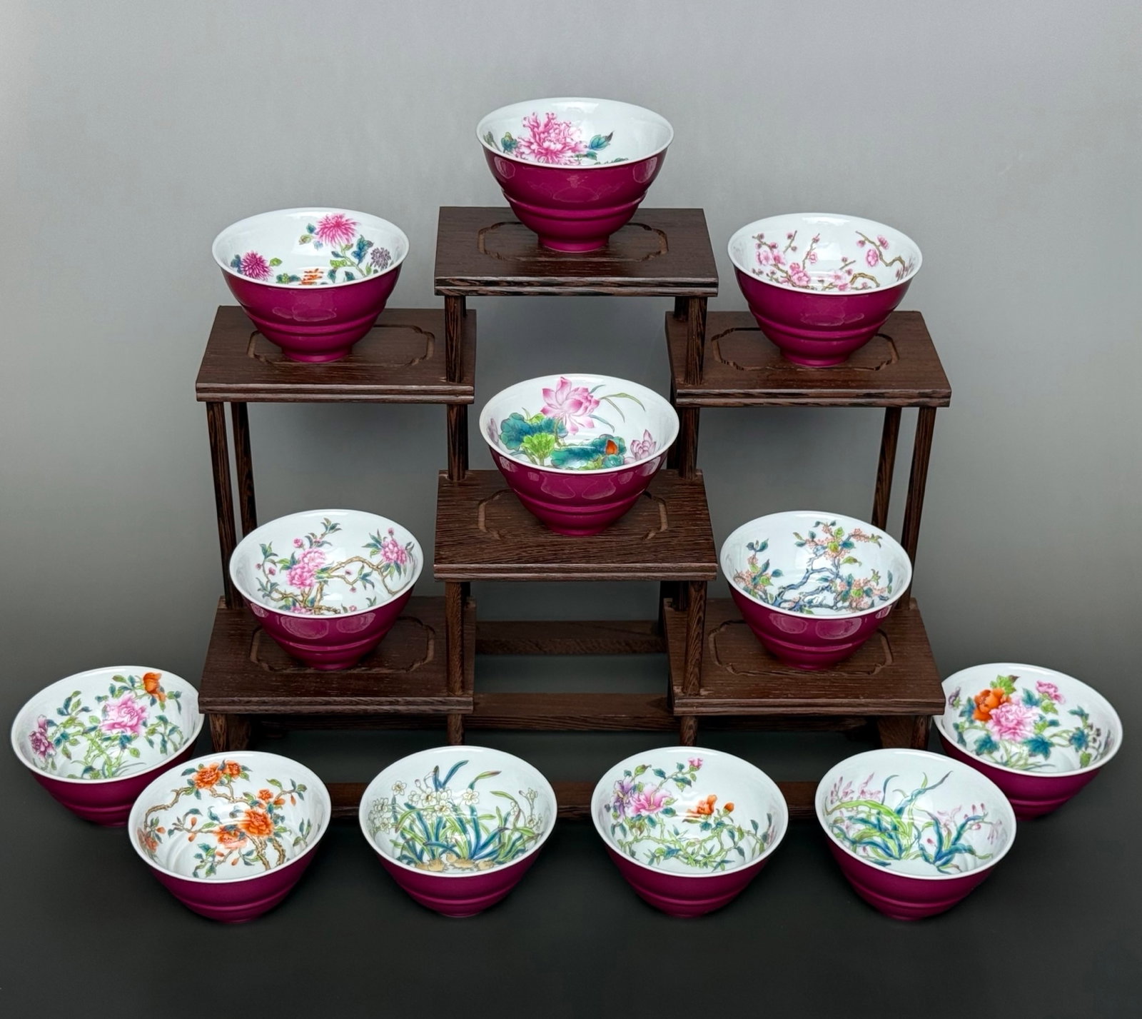 A Set of FineAn Exquisite Ruby Red-Glazed and Enamel Flower and Bird Pattern Cups (1 of 9)