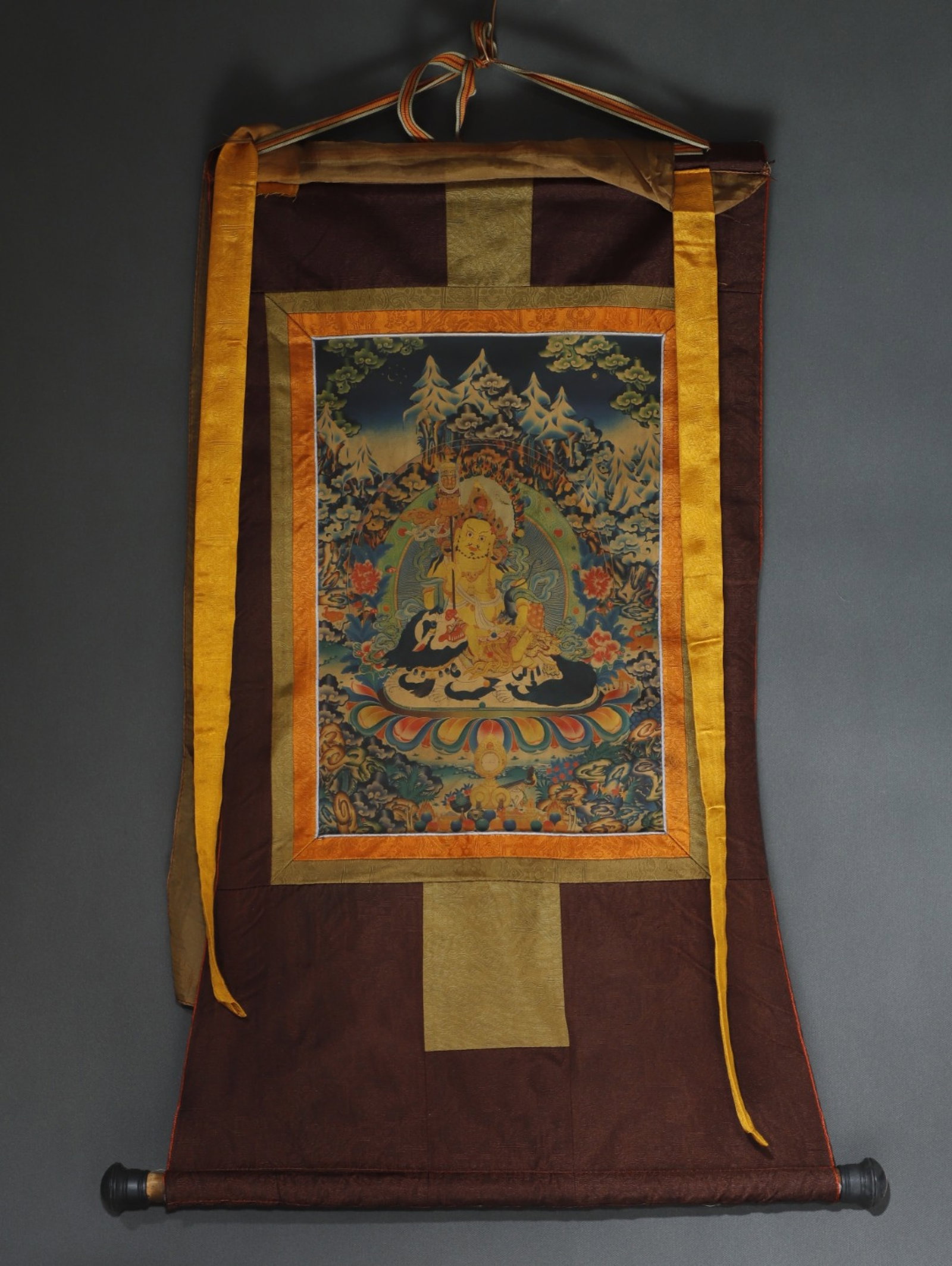A Rare Brocade Painted Color Statue of Mammon Tangka: A Rare Brocade Painted Color Statue of Mammon Tangka,Qing Dynasty, China,Size:34.6inx18.1in,(Without frame)16.5inx11in