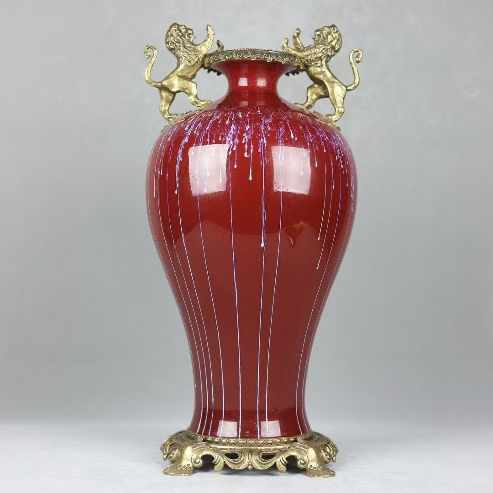 A Huge Flambe Glazed Inlaid Bronze Lion-Ears Vase: A Huge Flambe Glazed Inlaid Bronze Lion-Ears Vase,Qing Dynasty,China,Qianlong Six-Character Mark,Size:19.3inx8.7in 窑变釉嵌铜狮耳瓶,中国