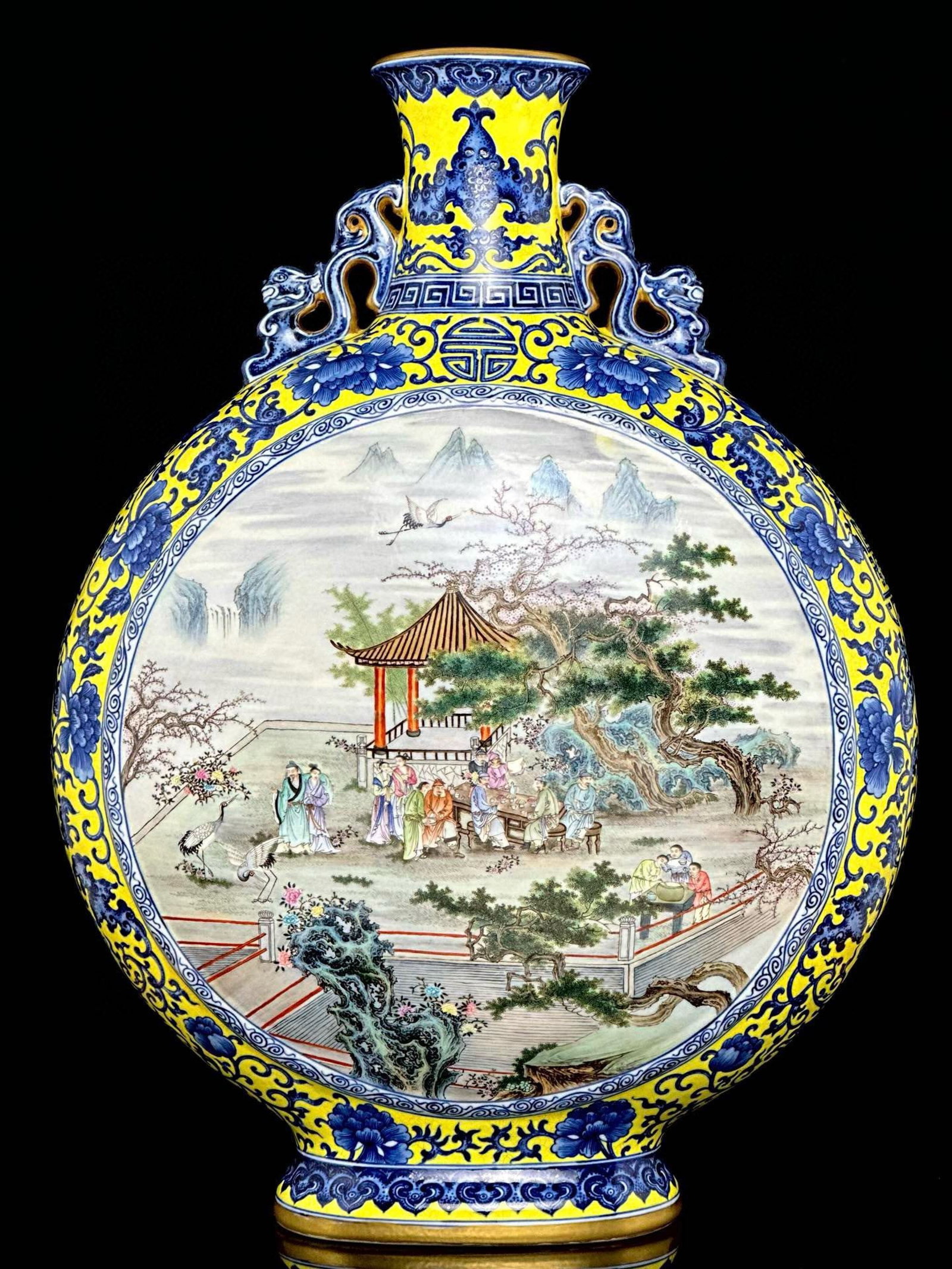 An Exquisite Yellow Glazed Figure Pattern Double-Ears Vase: An Exquisite Yellow Glazed Figure Pattern Double-Ears Vase,Qing Dynasty, China,Qianlong Six-character Mark,Size:22.8inx16.9in 黄釉人物纹双耳瓶,中&