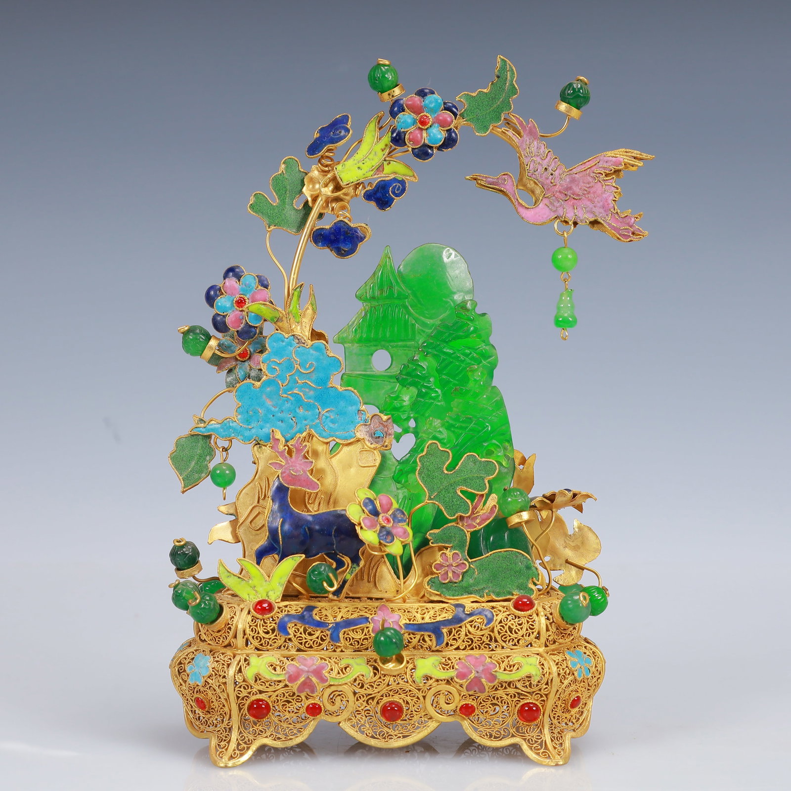 An Exquisite Filigree and Gilding Inlaid Jadeite Landscape Ornament,Inlaid Gems: An Exquisite Filigree and Gilding Inlaid Jadeite Landscape Ornament,Inlaid Gems,Qing Dynasty, China,Qianlong Four-Character Mark,Size:5.1inx2.8inx8.3in,Weight:357g