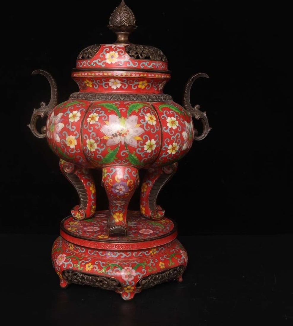 A Huge Cloisonne Lotus Pattern Double-Ears and Tripod Censer: A Huge Cloisonne Lotus Pattern Double-Ears and Tripod Censer,Qing Dynasty,China,Qianlong Four-Character Mark,Size:20.1inx13.4in,Weight:8.8kg 景泰蓝缠枝莲纹