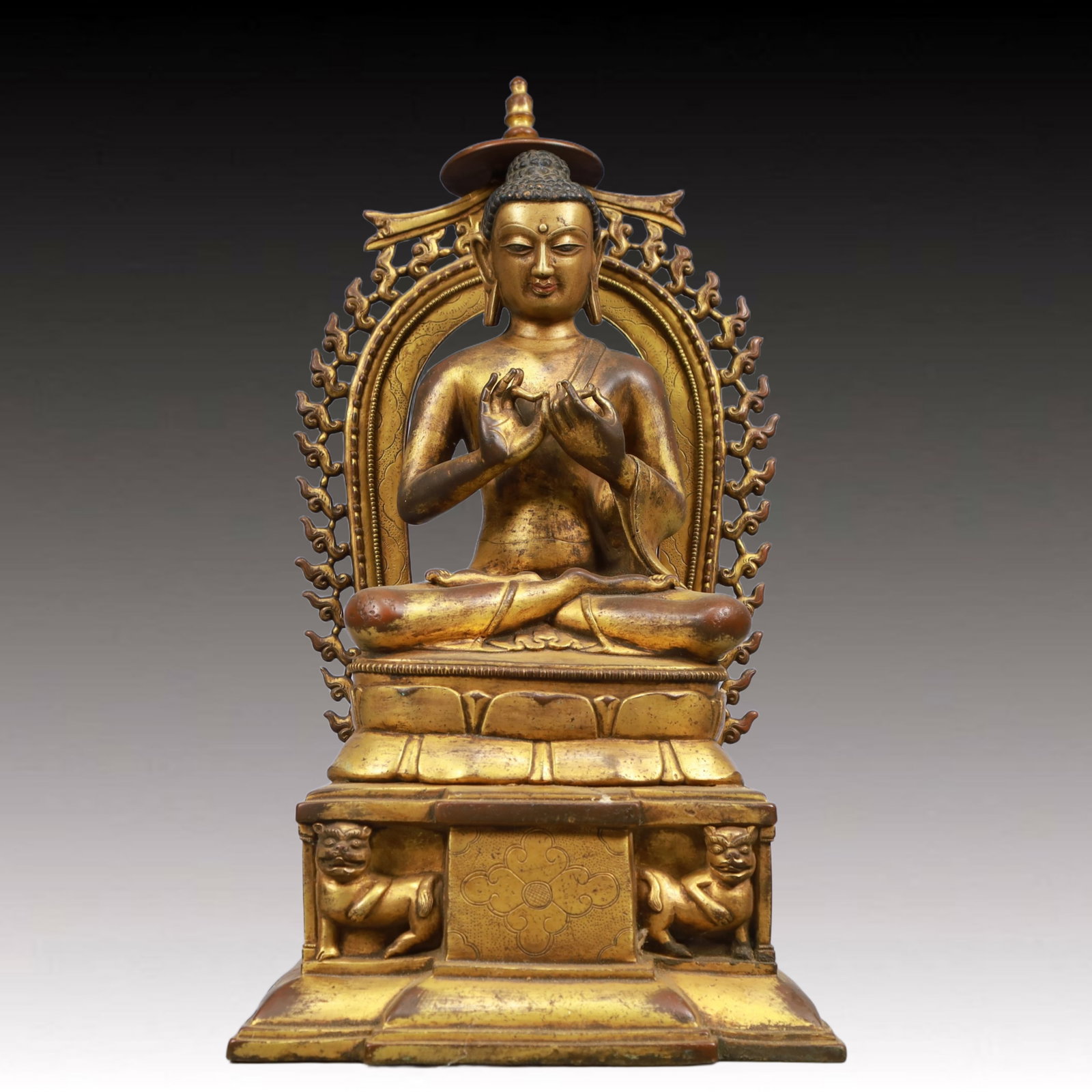 A Solemn Gilt Bronze Statue of Sakyamuni, With Inscription: A Solemn Gilt Bronze Statue of Sakyamuni, With Inscription, Ming Dynasty, China, Size:8.3inx6.3inx14.2in, Weight:5750g 铜鎏金释迦摩尼像,带铭