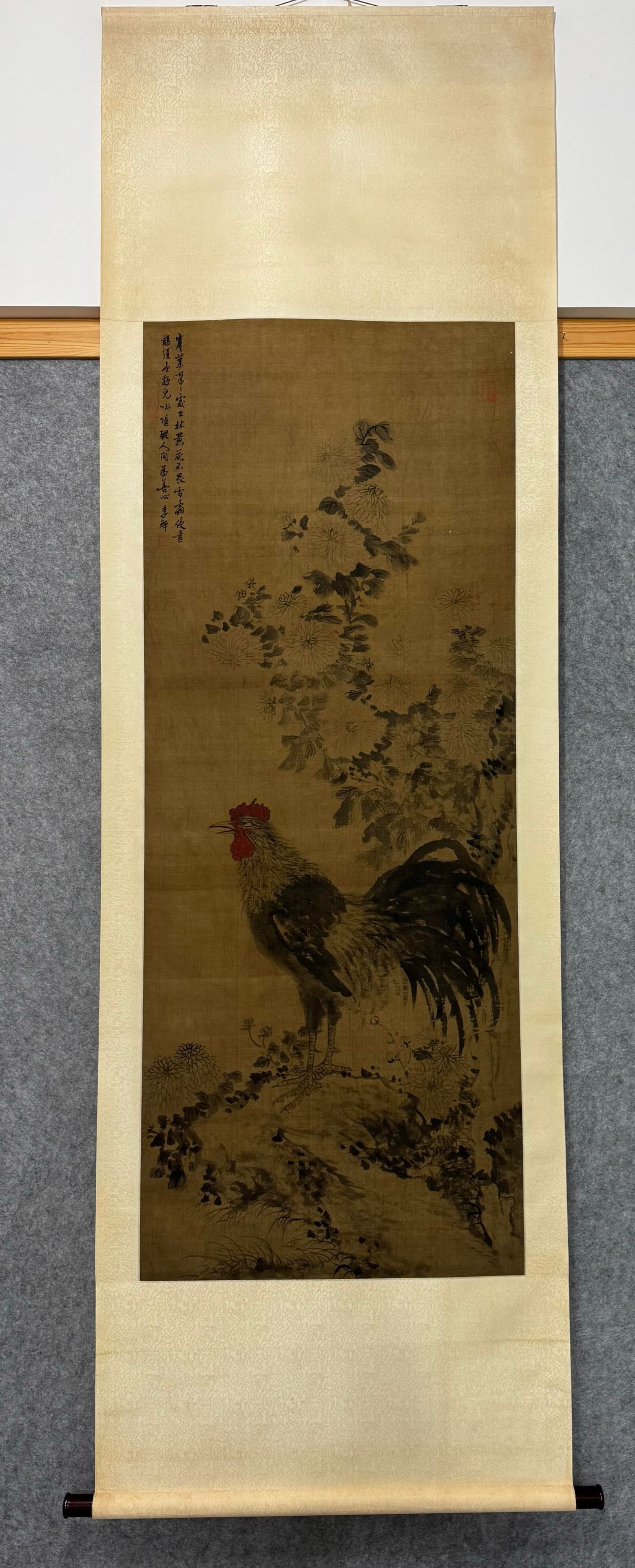 A Chinese Vertical Scroll Ink Painting of Rooster on Silk (1 of 9)