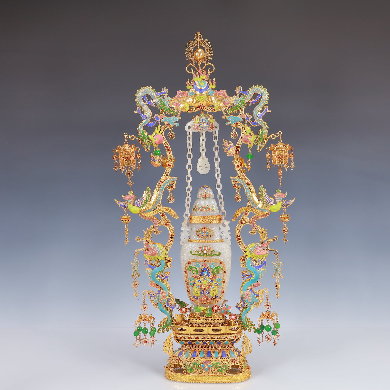 A Huge Filigree and Gilding Inlaid White Jade Double-Ears Vase,Inlaid Gems: A Huge Filigree and Gilding Inlaid White Jade Double-Ears Vase,Inlaid Gems,Qing Dynasty, China,Qianlong Four-Character Mark,Size:12.6inx2.4inx24.8in,Weight:2100g 花丝鎏金॔