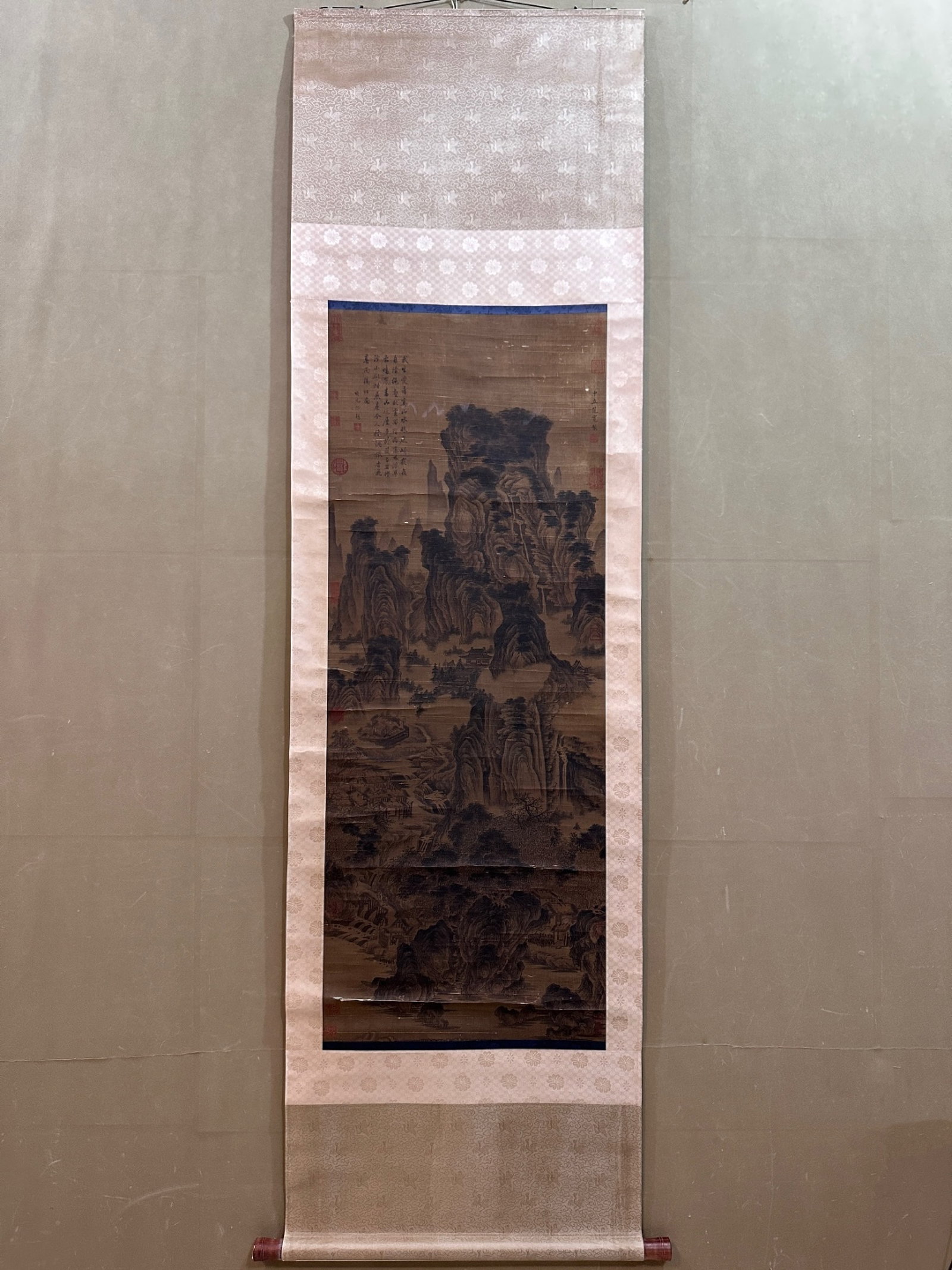 A Chinese Vertical Scroll Ink Painting of Landscape on Paper: A Chinese Vertical Scroll Ink Painting of Landscape on Paper,Fan Kuan,Size:19.7inx51.2in 一幅中国水墨山水画立轴,范宽