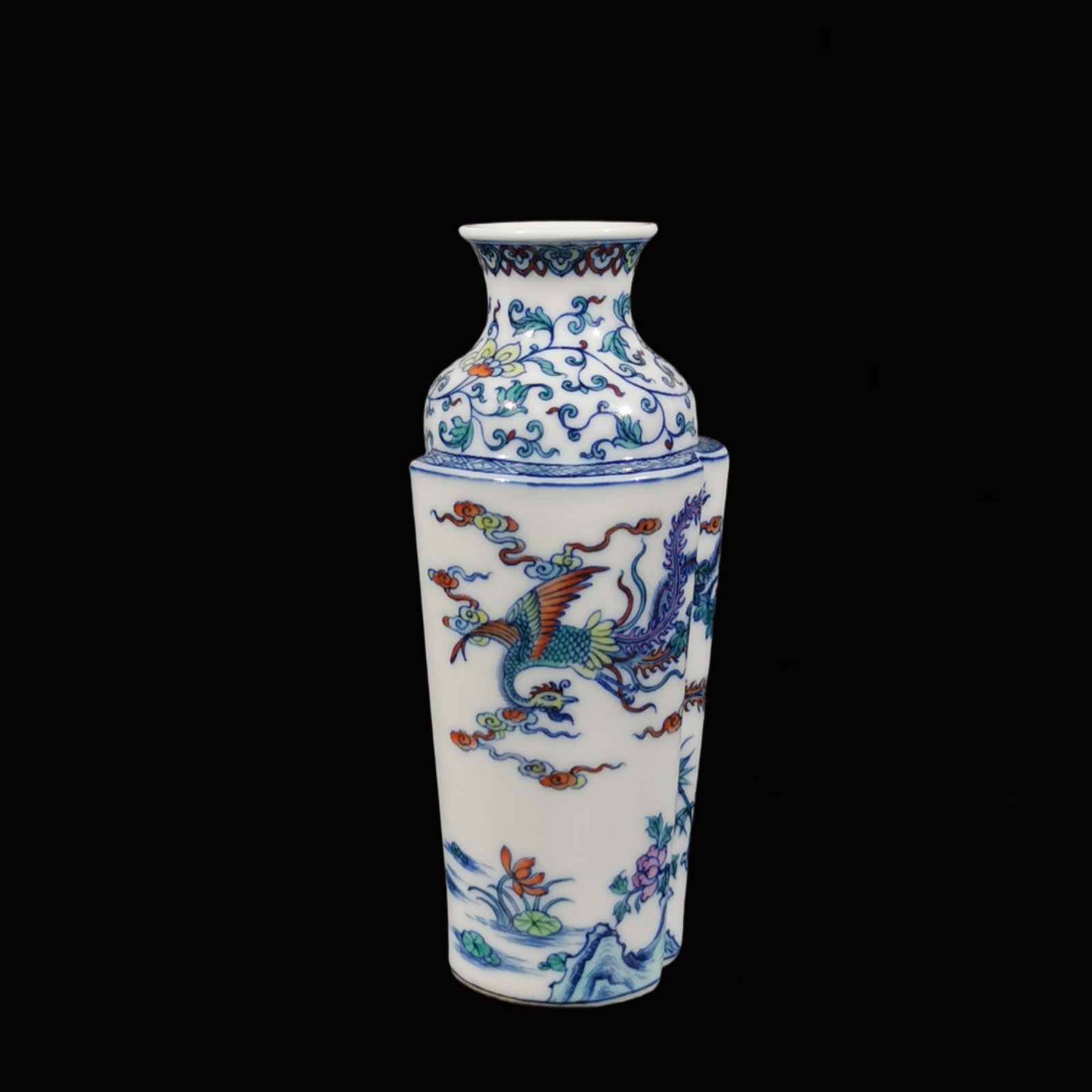 An Exquisite Blue and White DoucaiPhoenix Pattern Vase: An Exquisite Blue and White Doucai Phoenix Pattern Vase ,Qing Dynasty, China, Yongzheng Six-character Mark,Size:6.3inx2.9in 青花斗彩凤纹瓶,中国