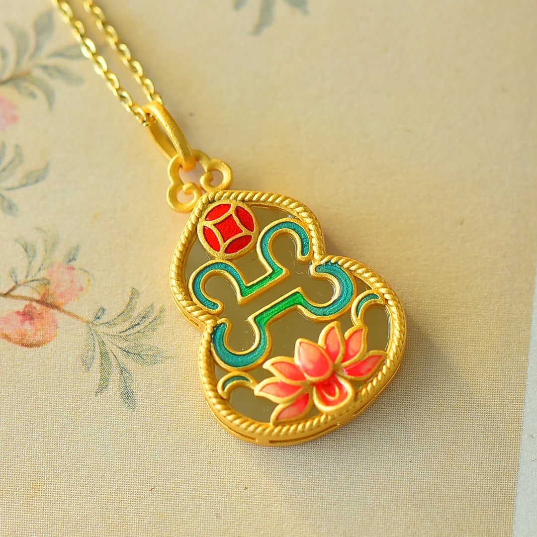 An Exquisite Sterling Silver-Gold Plated Inlaid White Jade Enamel Gourd Pendant: An Exquisite Sterling Silver-Gold Plated Inlaid White Jade Enamel Gourd Pendant 纯银镀金镶白玉珐琅葫芦吊坠