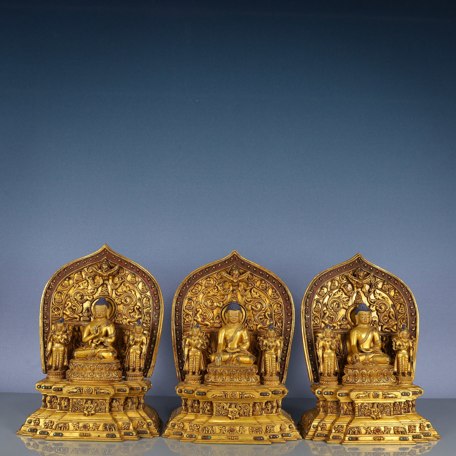 A Set of Solemn Gilt Bronze Buddha Statue,Inlaid Gems and Turquoise,With Inscription (1 of 20)