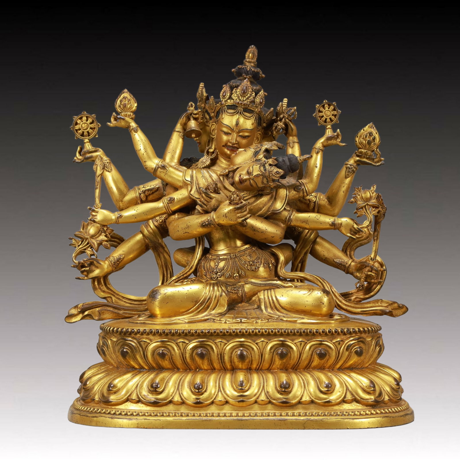 A Solemn Gilt Bronze Statue of Manjuvajra: A Solemn Gilt Bronze Statue of Manjuvajra,Qing Dynasty, China,Qianlong Mark,Size:9.8inx7.1inx11in,Weight:5750g 铜鎏金密集金刚像,中国清