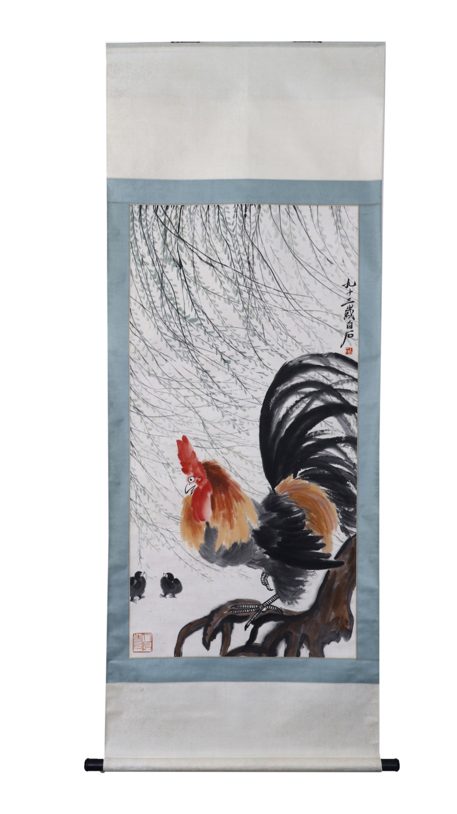 A Chinese Vertical Scroll Ink Painting of Rooster on Paper: A Chinese Vertical Scroll Ink Painting of Rooster on Paper,Qi Baishi,Size:27.2inx53.5in 一幅中国水墨鸡画立轴,齐白石