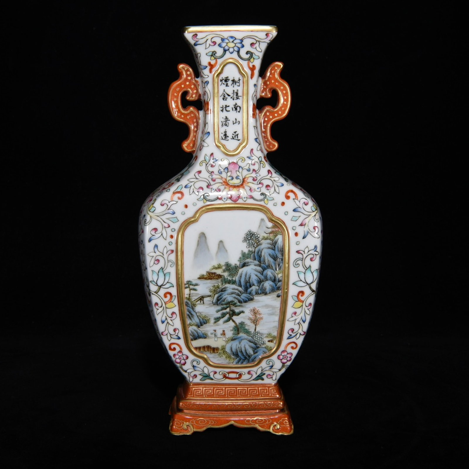 An Exquisite Famille-Rose Landscape Pattern Double-Ears Vase,with Poem: An Exquisite Famille-Rose Landscape Pattern Double-Ears Vase,with Poem,Qing Dynasty,China,Qianlong Six-Character Mark,Size:8.3inx3.9inx2.2in 粉彩山水纹双耳