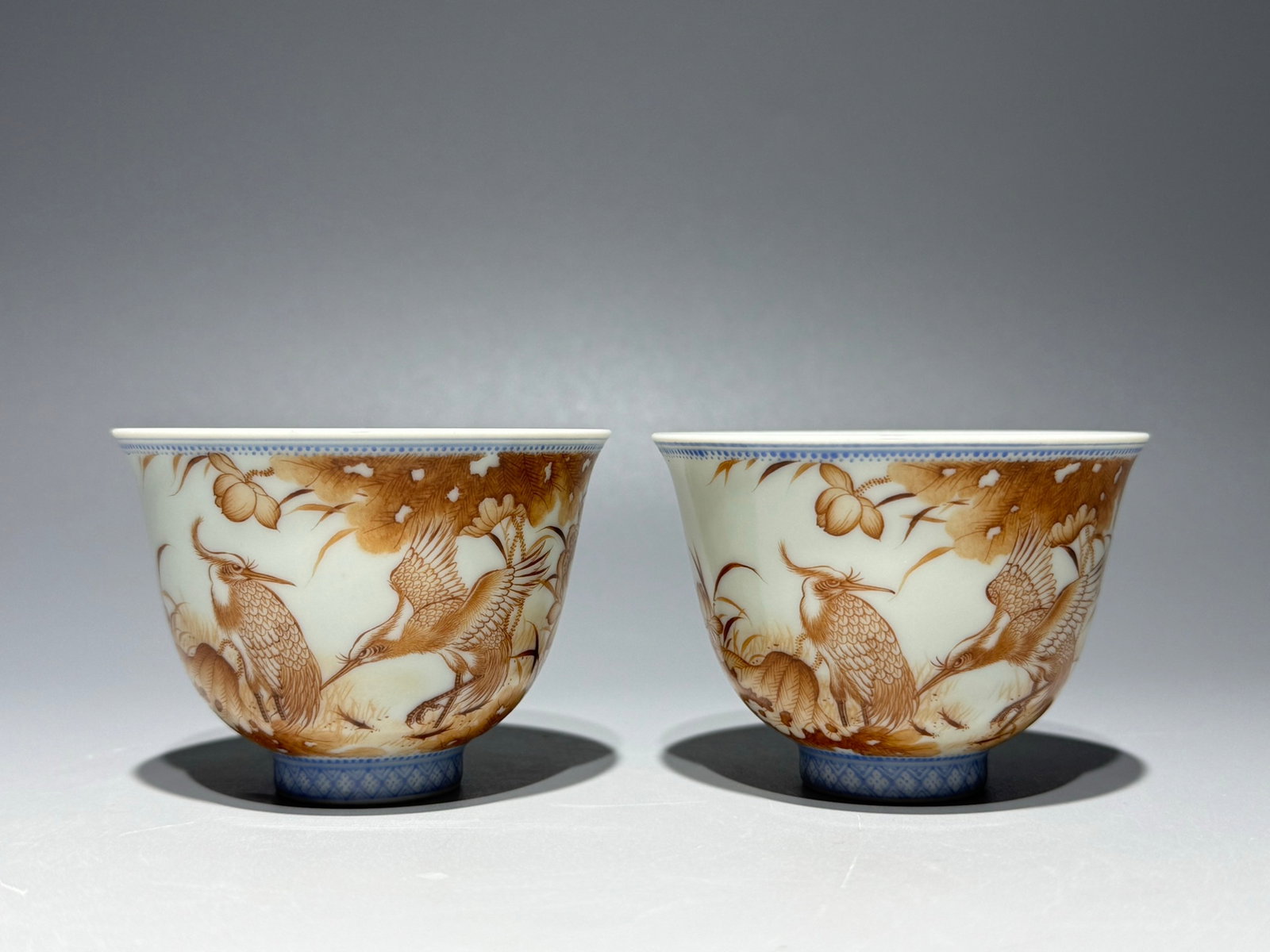 A Pair of Exquisite Ink Color Flower and Bird Pattern Cups,with poem: A Pair of Exquisite Ink Color Flower and Bird Pattern Cups,with poem,Qing Dynasty,China,Yongzheng Four-character Mark,Size:2.2inx3in 一对墨彩花鸟纹杯