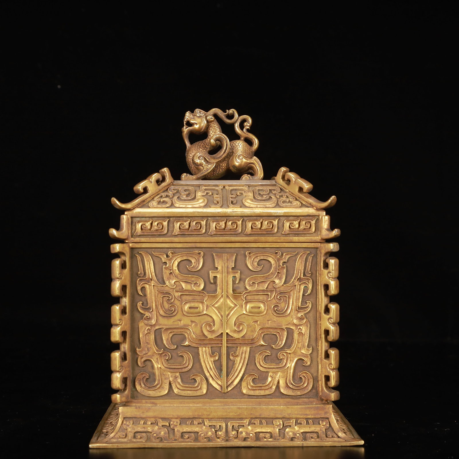 An Exquisite Gilt Bronze Beast-Face Pattern Box with Cover: An Exquisite Gilt Bronze Beast-Face Pattern Box with Cover,Qing Dynasty, China,Size:5.9inx5.9in,Weight:2450g 铜鎏金兽面纹盖盒,中国清&#