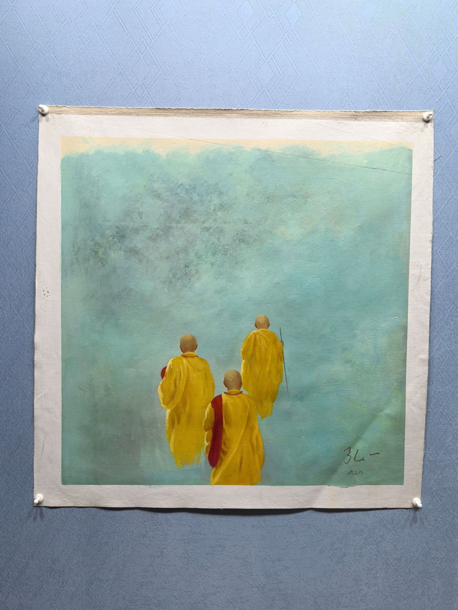 A Chinese Ink Painting of Figure on Oil Painting: A Chinese Ink Painting of Figure on Oil Painting,Hong Yi,Size:35.4inx35.8in 一幅中国水墨人物油画,弘一