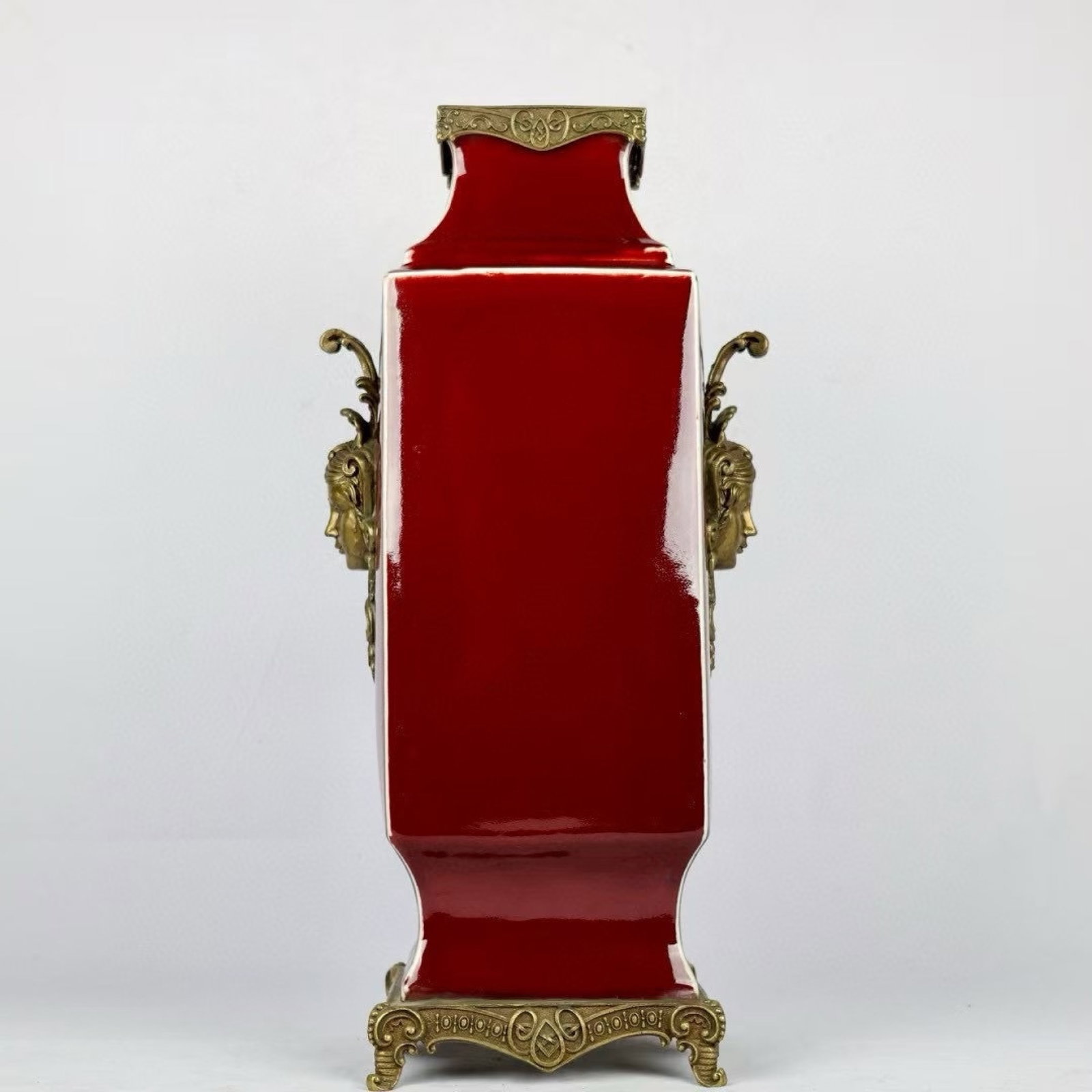 A Huge Ji Red Glazed Inlaid Bronze Figure Pattern Double-Ears Vase: A Huge Ji Red Glazed Inlaid Bronze Figure Pattern Double-Ears Vase,Qing Dynasty,China,Qianlong Six-Character Mark,Size:21.3inx9.4in 霁红釉嵌铜人物纹