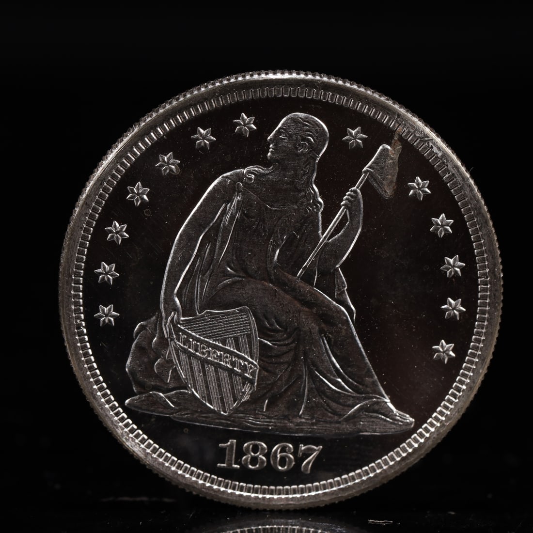 USA One Dollar 1867 Coin: American coin. IN GOD WE TRUST / LIBERTY / 1867 / UNITED STATES OF AMERICA / ONE DOL. Weight:26.9g.