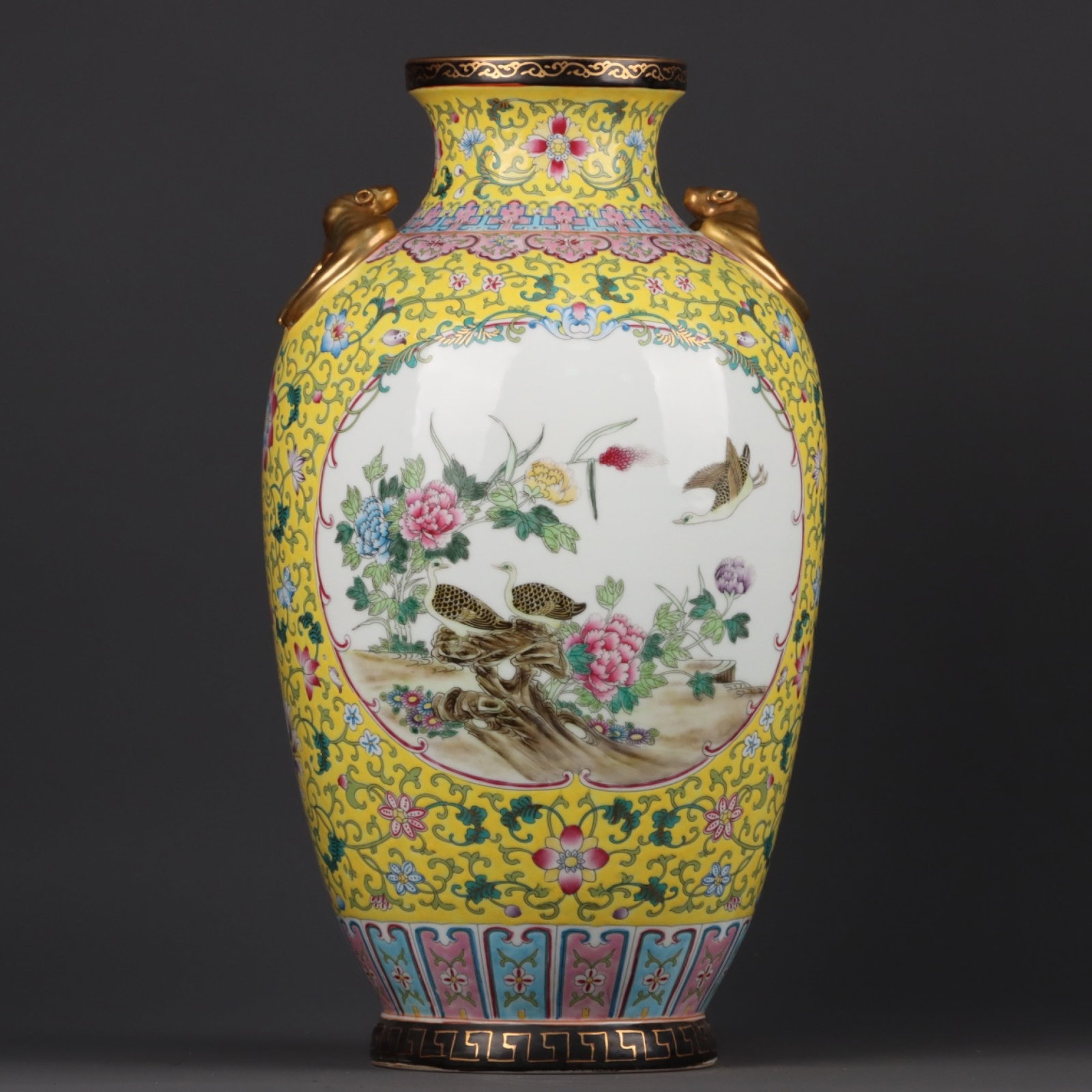 A Huge Enamel Gilt Flower and Bird Pattern Bats-Ears Vase: A Huge Enamel Gilt Flower and Bird Pattern Bats-Ears Vase ,Qing Dynasty, China,Qianlong Four-character Mark,Size:20.5inx10.2in 珐琅彩鎏金花鸟纹蝙&