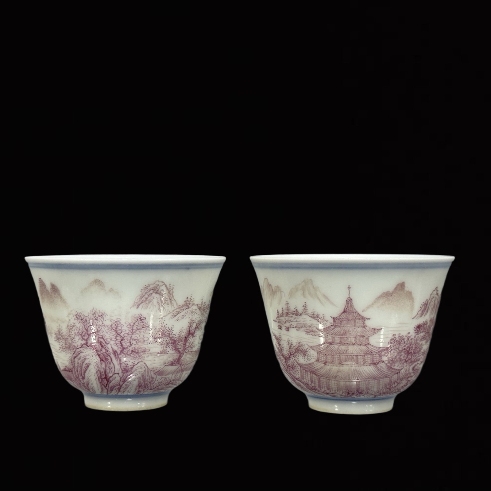 A Set of Fine Ruby Red Glazed Landscape Pattern Cups - 2