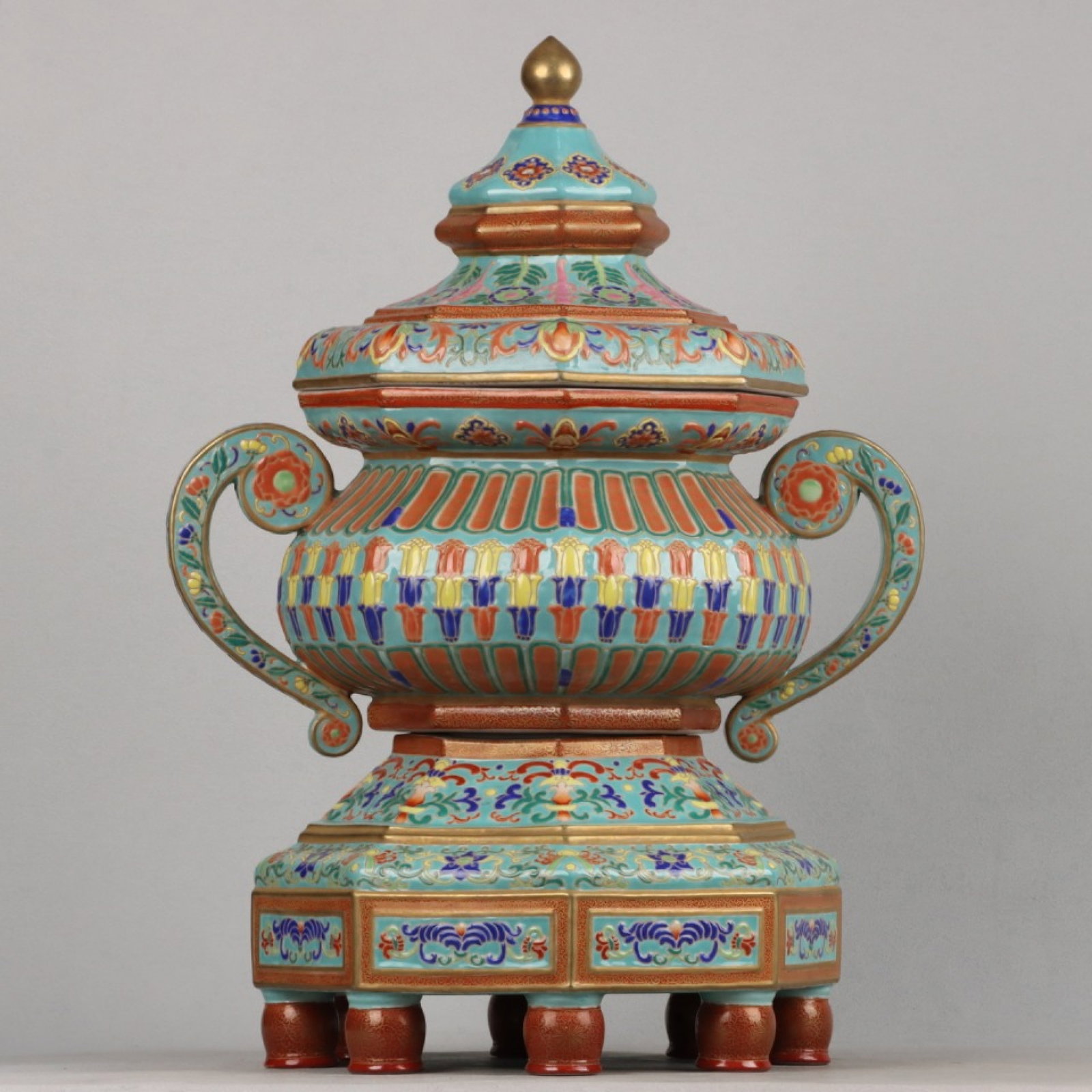 A Huge Enamel Gilt Lotus Pattern Elephant-Ears Censer: A Huge Enamel Gilt Lotus Pattern Elephant-Ears Censer,Qing Dynasty, China,Yongzheng Six-character Mark,Size:20.9inx14.6in