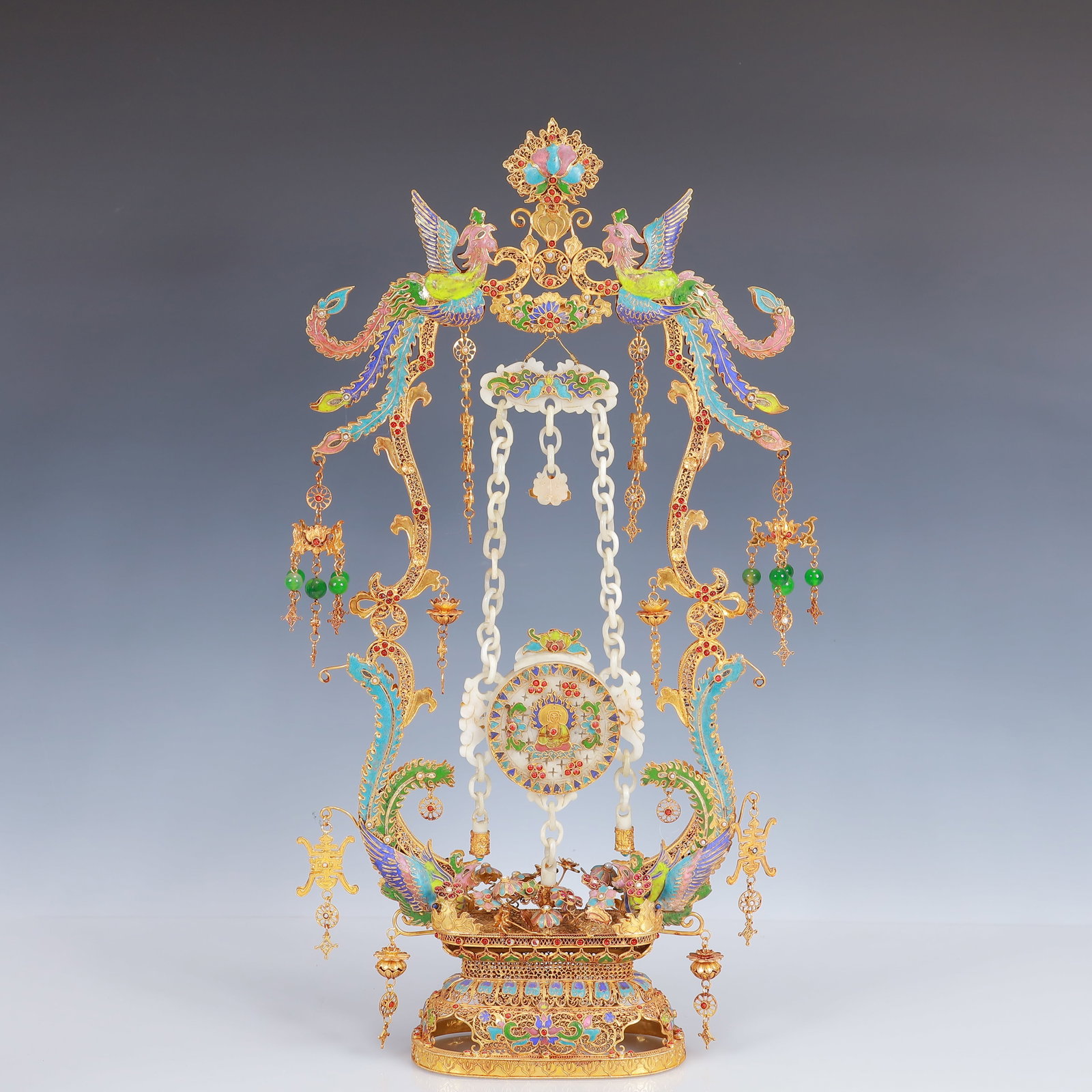 A Huge Filigree and Gilding Inlaid White Jade Double-Ears Vase,Inlaid Gems: A Huge Filigree and Gilding Inlaid White Jade Double-Ears Vase,Inlaid Gems,Qing Dynasty, China,Qianlong Four-Character Mark,Size:10.6inx2.8inx21.3in,Weight:1400g 花丝鎏金॔