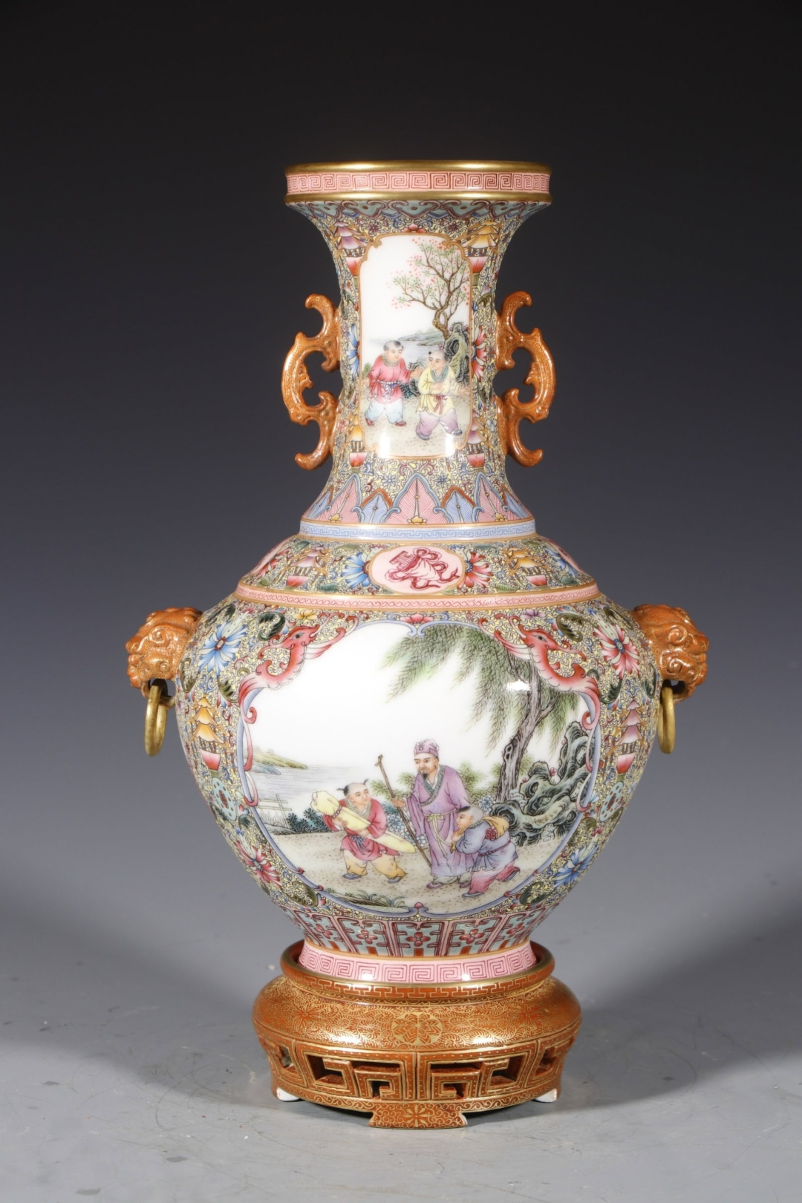 An Exquisite Enamel Character and Story Pattern Double-Ears Vase: An Exquisite Enamel Character and Story Pattern Double-Ears Vase,Qing Dynasty,China,Qianlong Four-character Mark,Size:11inx3.5in 珐琅彩人物故事纹双