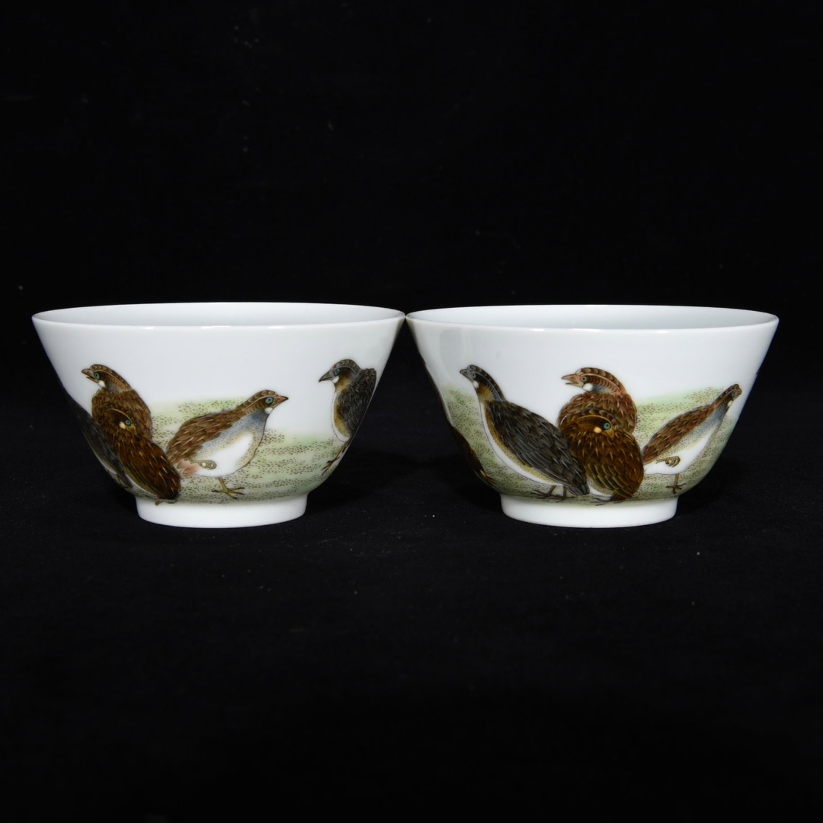 A Pair of Exquisite Famille-Rose Quail Pattern Cups,with Poem: A Pair of Exquisite Famille-Rose Quail Pattern Cups,with Poem,Qing Dynasty,China,Yongzheng Six-Character Mark,Size:1.9inx3.4in