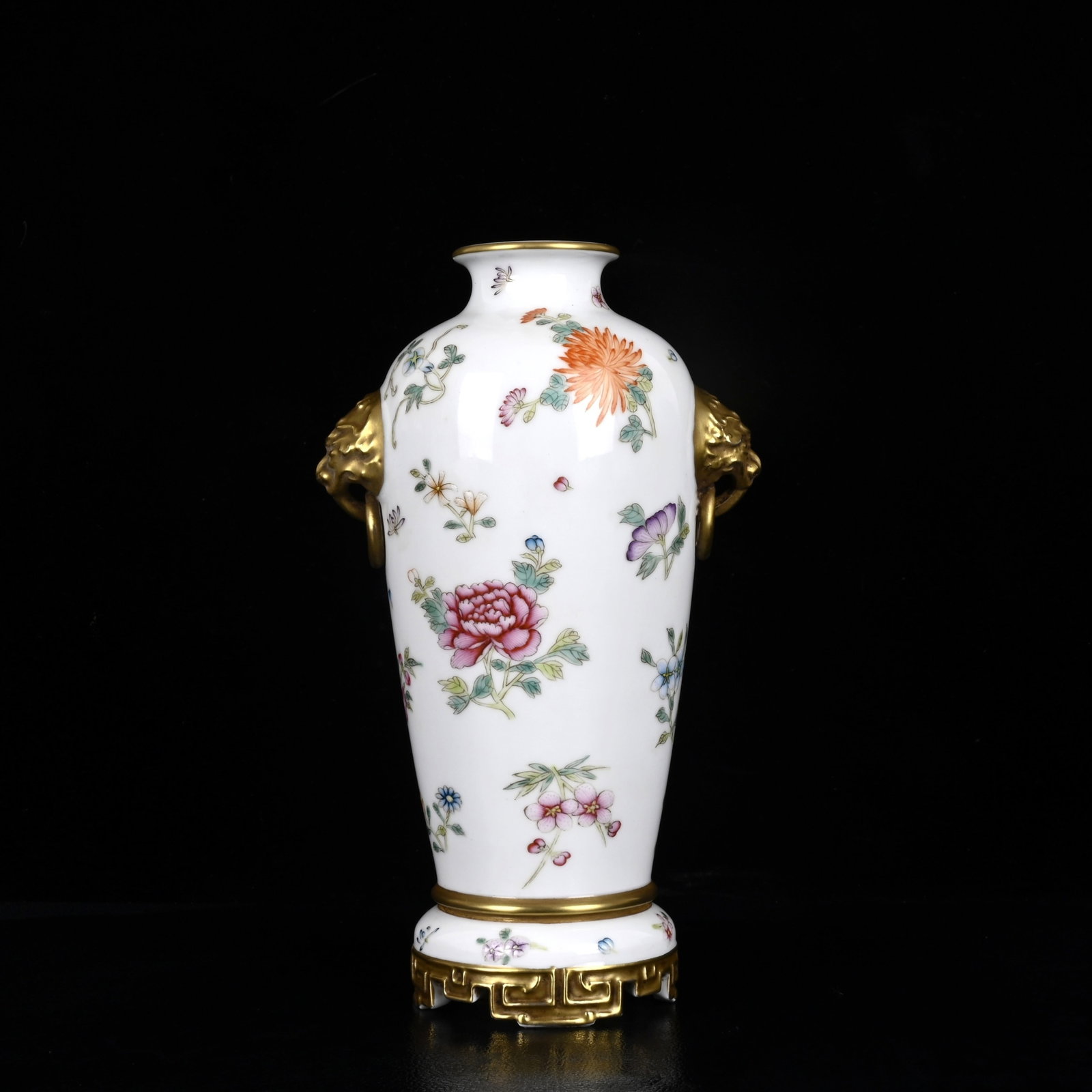 An Exquisite Enamel Flower Pattern Beast-Ears Vase: An Exquisite Enamel Flower Pattern Beast-Ears Vase,Qing Dynasty,China,Yongzheng Four-Character Mark,Size:8.7inx5.1in 珐琅彩花卉纹兽耳瓶,中&#