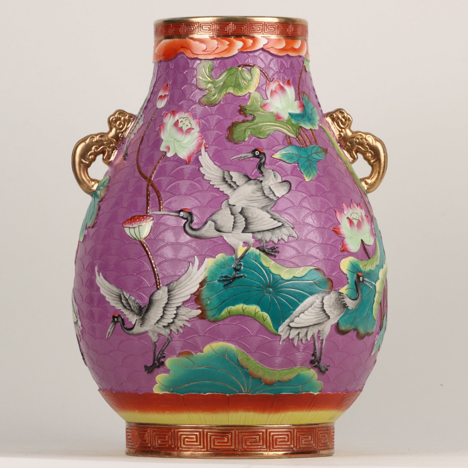 A Huge Enamel Gilt Lotus and Crane Pattern Double-Ears Vase: A Huge Enamel Gilt Lotus and Crane Pattern Double-Ears Vase ,Qing Dynasty, China,Qianlong Six-character Mark,Size:17.1inx11.8in 珐琅彩鎏金荷花仙鹤