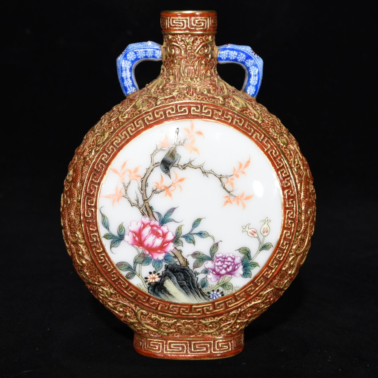 An Exquisite Enamel Flower and Bird Pattern Double-Ears Vase: An Exquisite Enamel Flower and Bird Pattern Double-Ears Vase,Qing Dynasty,China,Qianlong Four-Character Mark,Size:4.7inx3.7inx1.8in 珐琅彩花鸟纹双耳