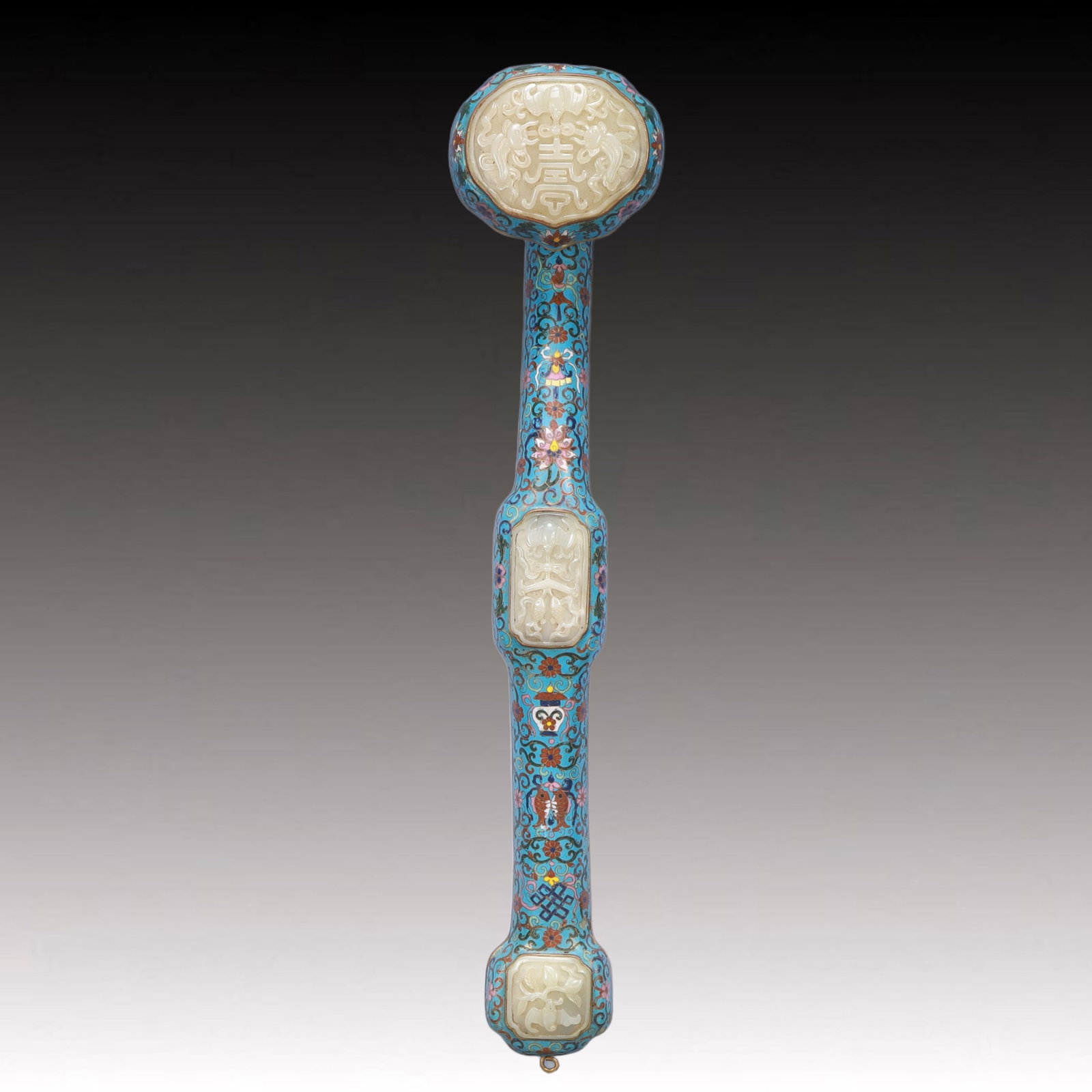 A Huge Cloisonne Inlaid White Jade Bats and Peach Pattern Ruyi: A Huge Cloisonne Inlaid White Jade Bats and Peach Pattern Ruyi,Qing Dynasty, China,Qianlong Six-character Mark,Size:21.3inx5.1inx3.5in,Weight:1450g 景泰蓝嵌白玉