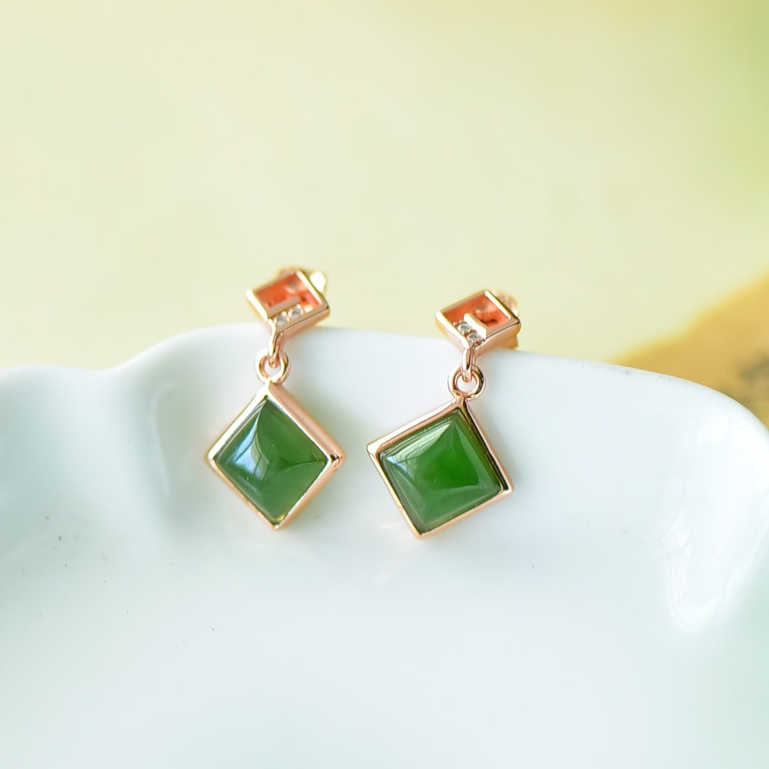 A Pair of Exquisite Sterling Silver-Gold Plated Inlaid Jasper Earrings,Inlaid Diamond: A Pair of Exquisite Sterling Silver-Gold Plated Inlaid Jasper Earrings,Inlaid Diamond,Size:9mmx18mm