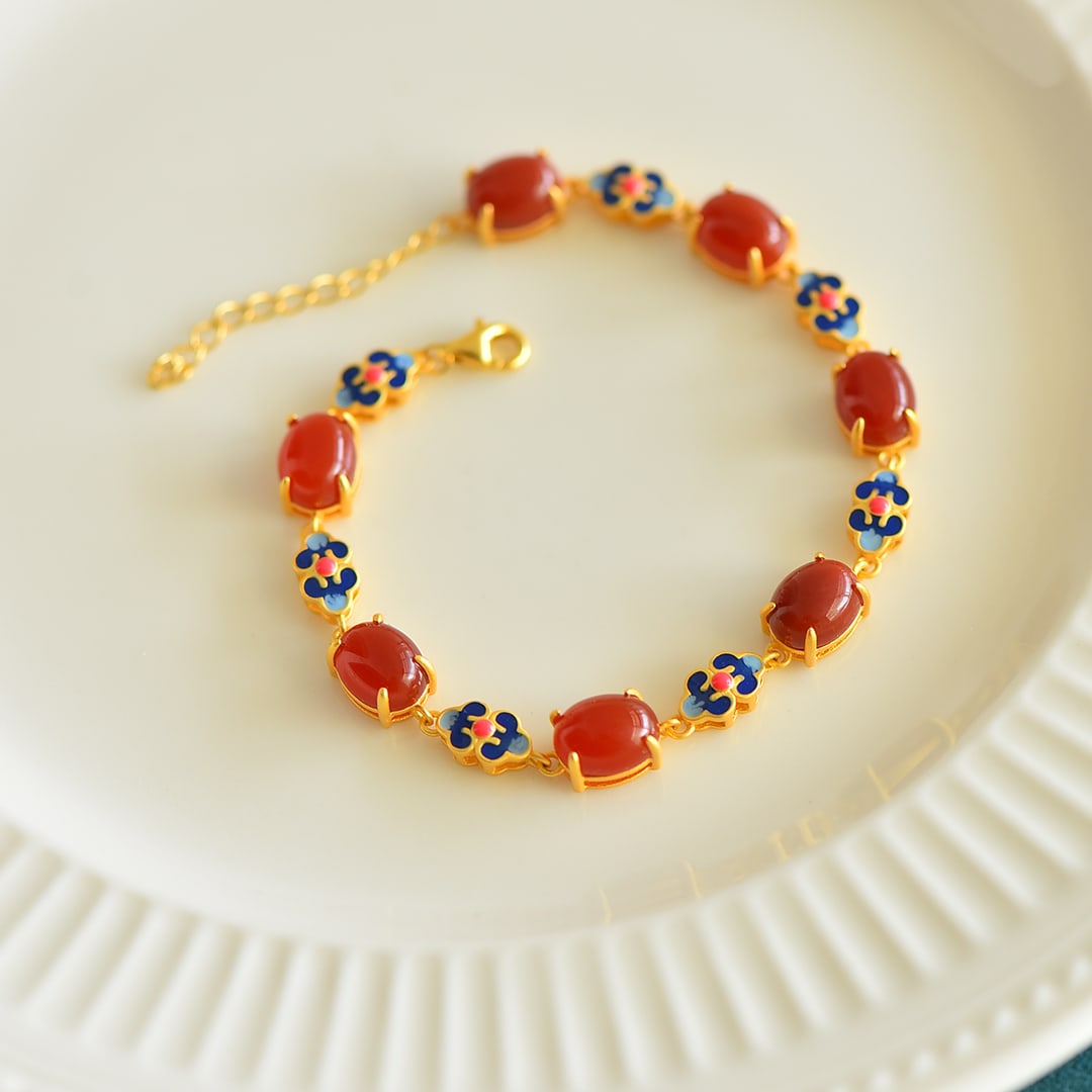 An Exquisite Sterling Silver-Gold Plated Inlaid Agate Enamel Bracelets: An Exquisite Sterling Silver-Gold Plated Inlaid Agate Enamel Bracelets,Size:7mmx9mm 纯银镀金镶玛瑙珐琅手链